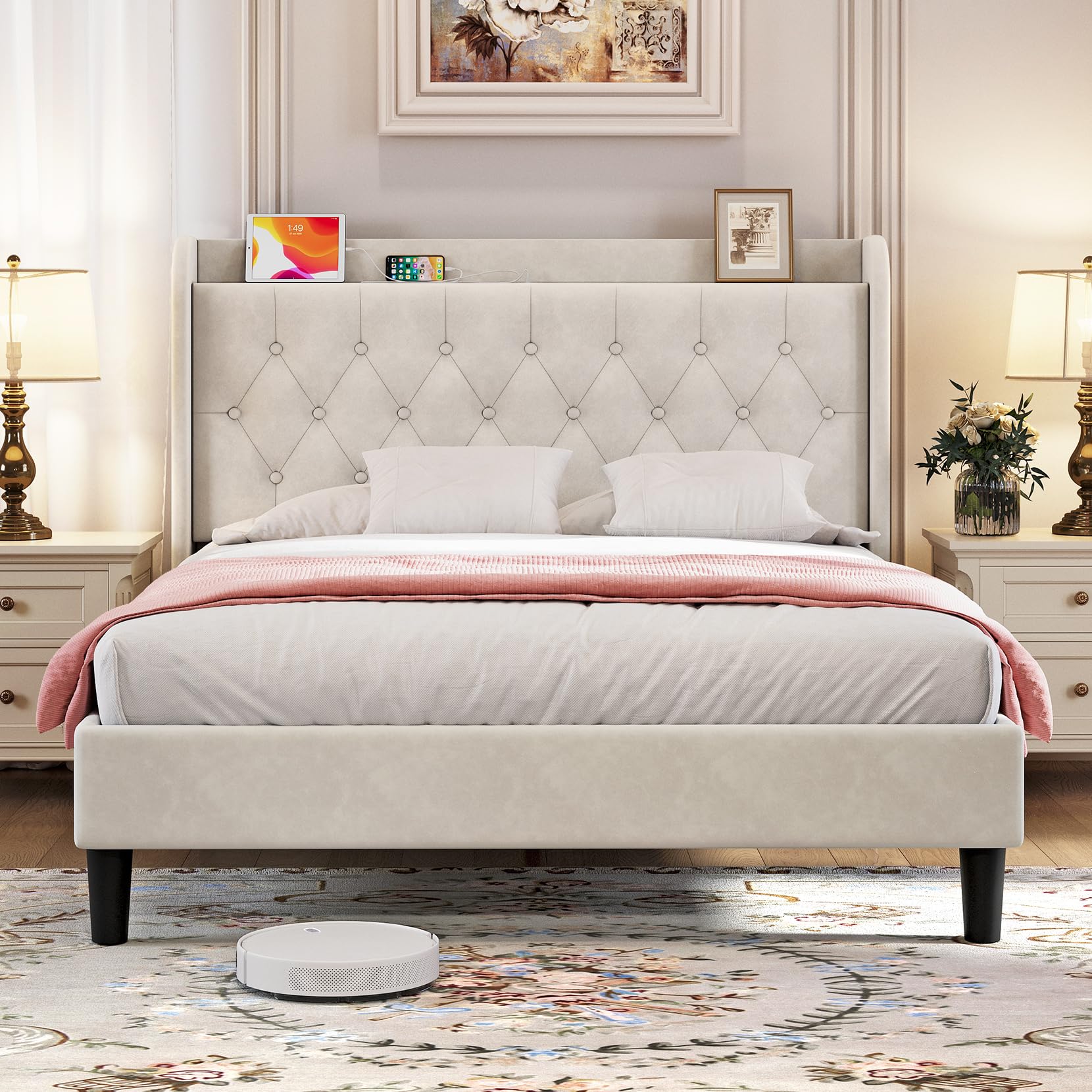 Koorlian Full Size Bed Frame, Full Bed Frame With Headboard, Adjustable Velvet Upholstered Bed Frame With Type-C&Usb Port, Wingb