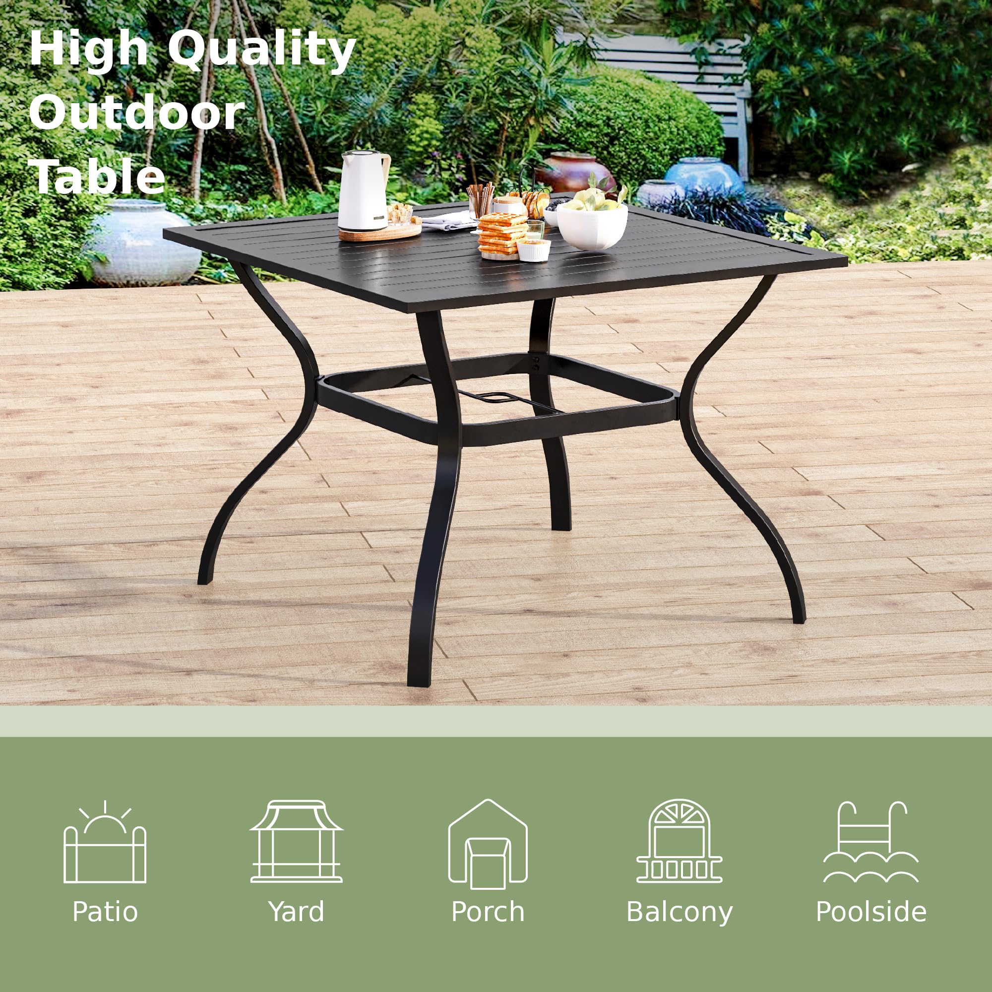 Phi Villa 37' Metal Steel Slat Patio Dining Table Square Backyard Bistro Table Outdoor Furniture Garden Table, 1.57” Umbrella Hole, Black