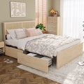 Yechen Full Bed Frame with Natural Rattan Headboard and Wooden 4 Storage Drawers, Light Oak Bedframe Metal Platform with Strong 
