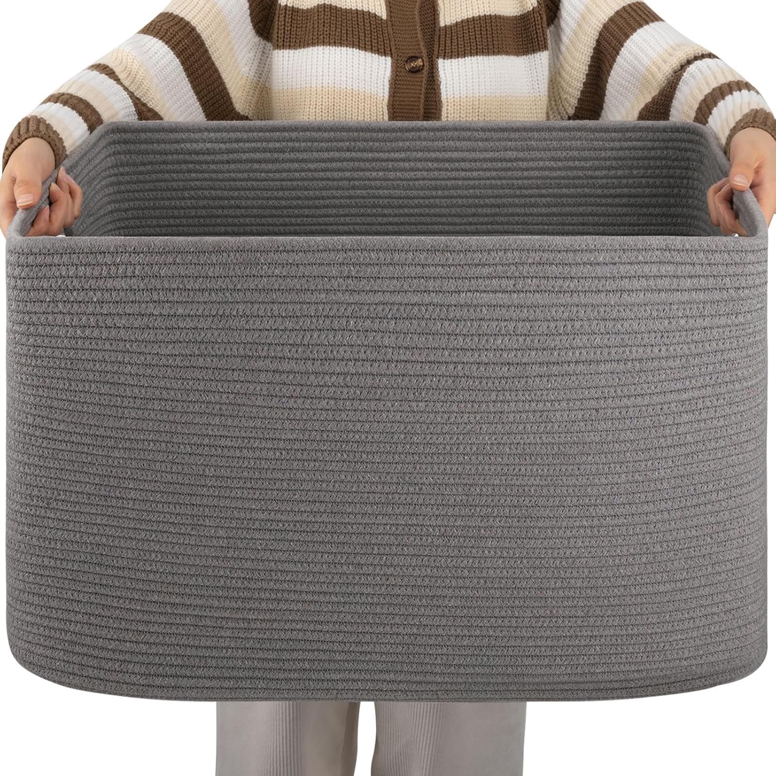 OIAHOMY XXLarge Rectangle Blanket Basket-96L, Cotton Woven Basket for Storage, Dirty Clothes Basket for Living Room, Nursery, Be