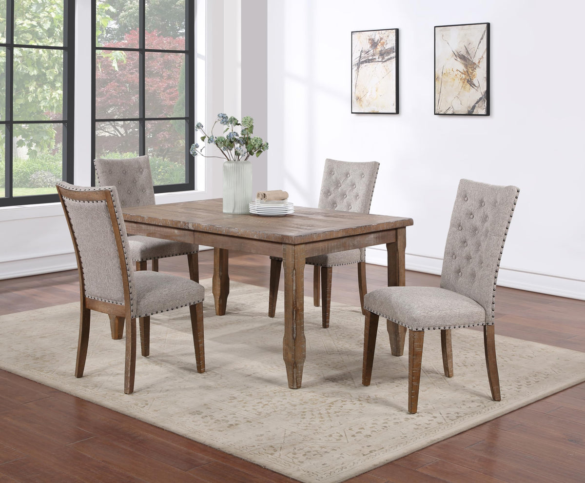 Greyson Living Riverdale 5pc Dining Table Set, 64&quot;-80&quot; Retangular Table w/ 16&quot; Leaf, 4 Uholstered Tufted Side Chairs w/ Nailhead Trim, Dining Room, Rustin/Farmhouse Design, 64&quot;L x 40&quot;W x 30&quot;H, Brown