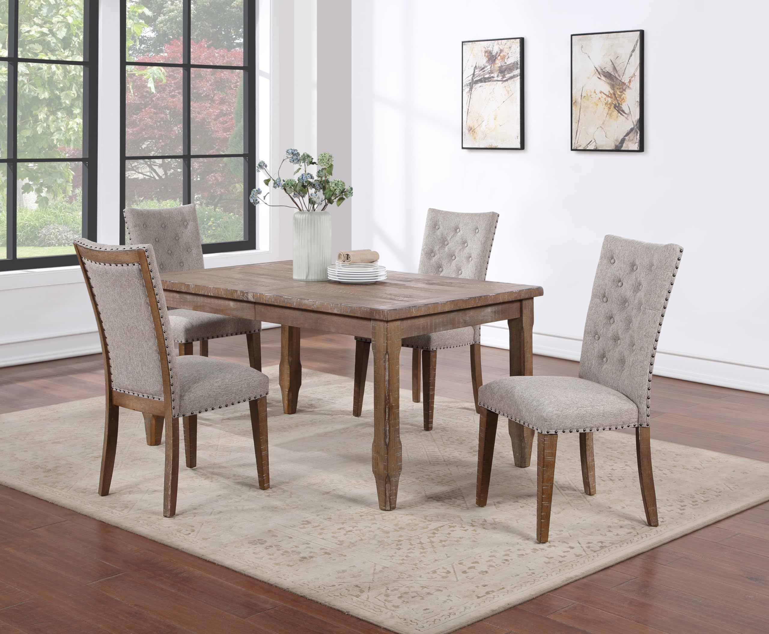 Greyson Living Riverdale 5pc Dining Table Set, 64"-80" Retangular Table w/ 16" Leaf, 4 Uholstered Tufted Side Chairs w/ Nailhead Trim, Dining Room, Rustin/Farmhouse Design, 64"L x 40"W x 30"H, Brown
