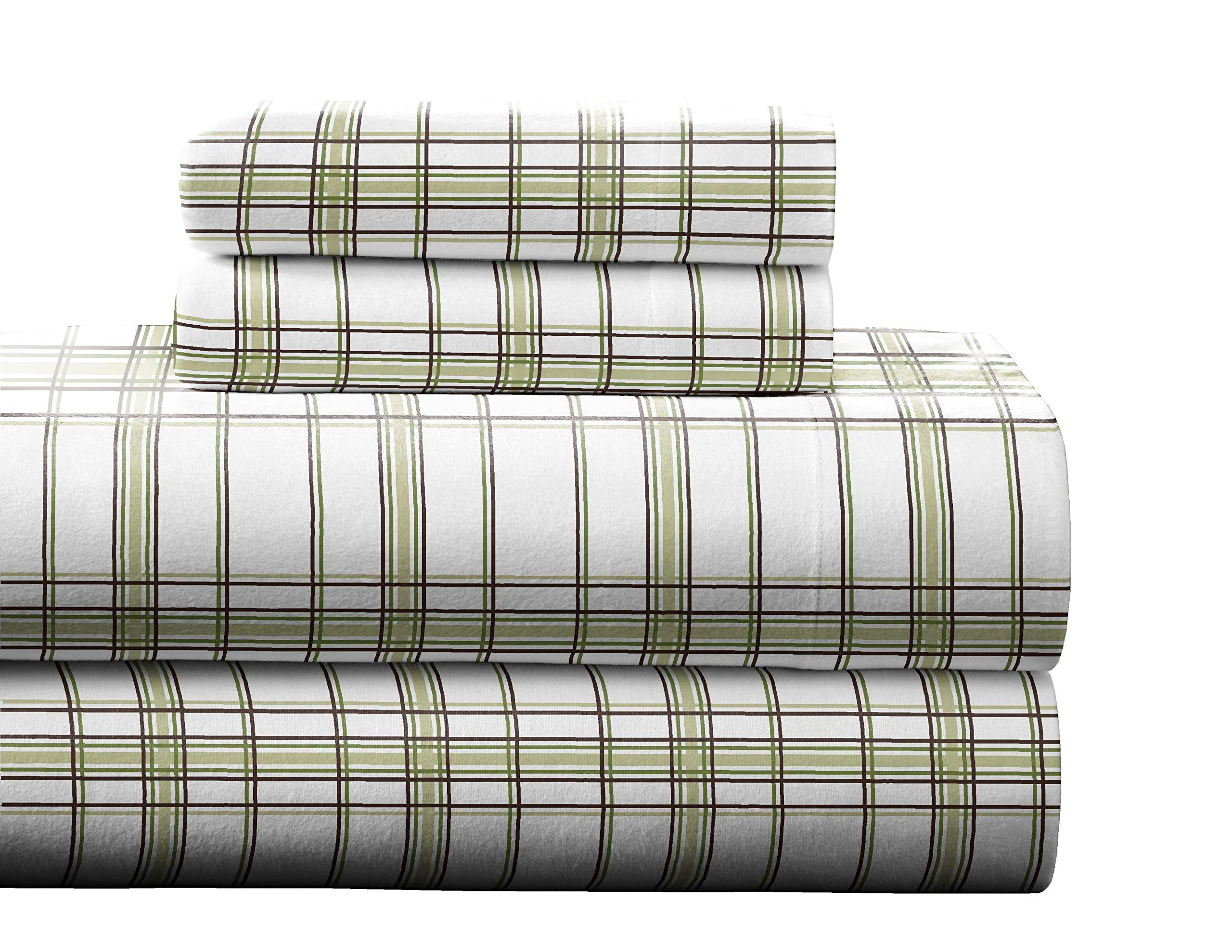 Pointehaven Heavy Weight Flannel Sheet Set, Queen, Plaid Sage - Warm & Cozy - 100% Cotton Flannel Pre-Shrunk -170 GSM -Deep Pock