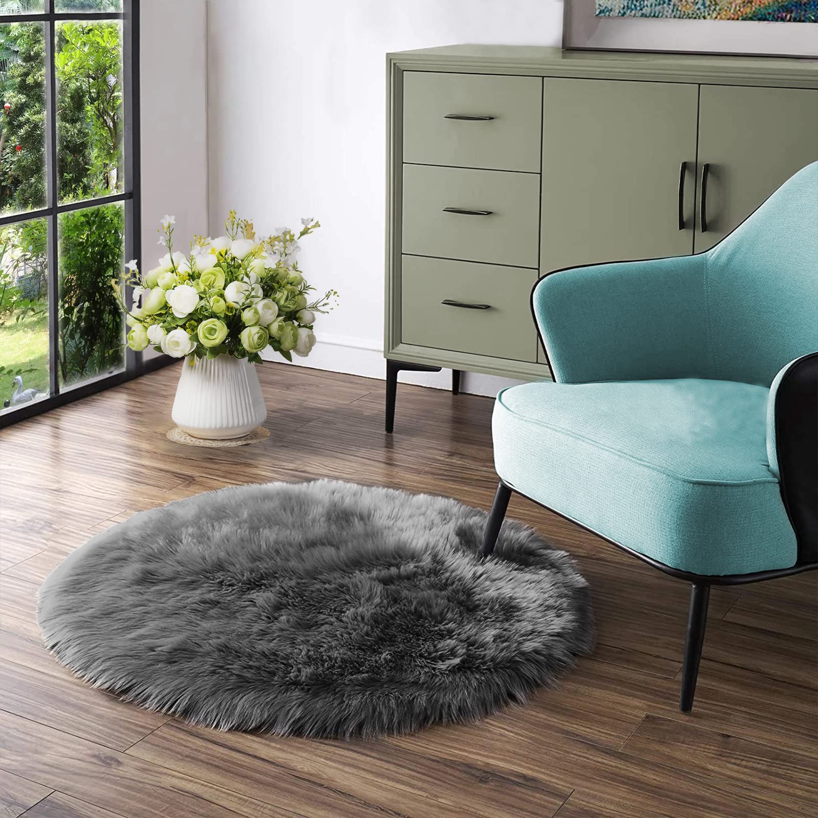 Latepis Dark Grey Round Rug 4ft Circle Rug Faux Fur Rug Washable Fluffy Rug Furry Rug Boho Rug Sheep Skin Rug for Bedroom Room D