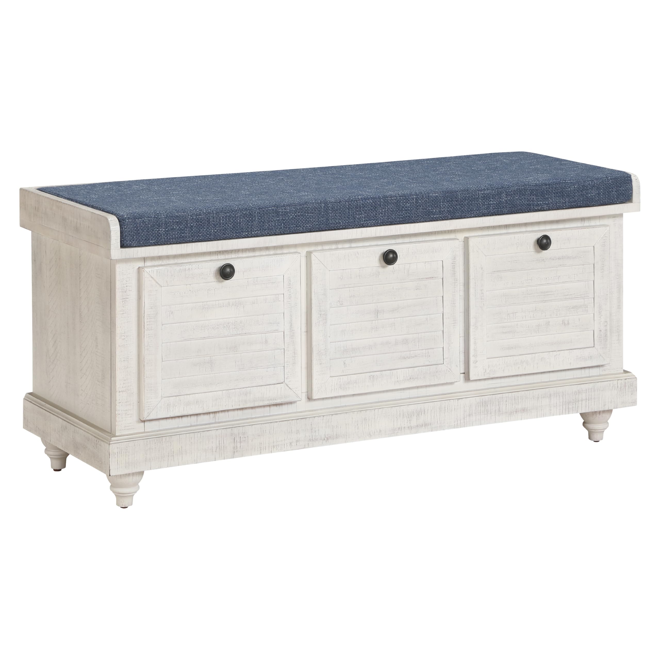 OSP Home Furnishings Dover Coastal Lift-Top Storage Bench with Shutter Face Styling, Distressed White Finish with Navy Fabric Cu