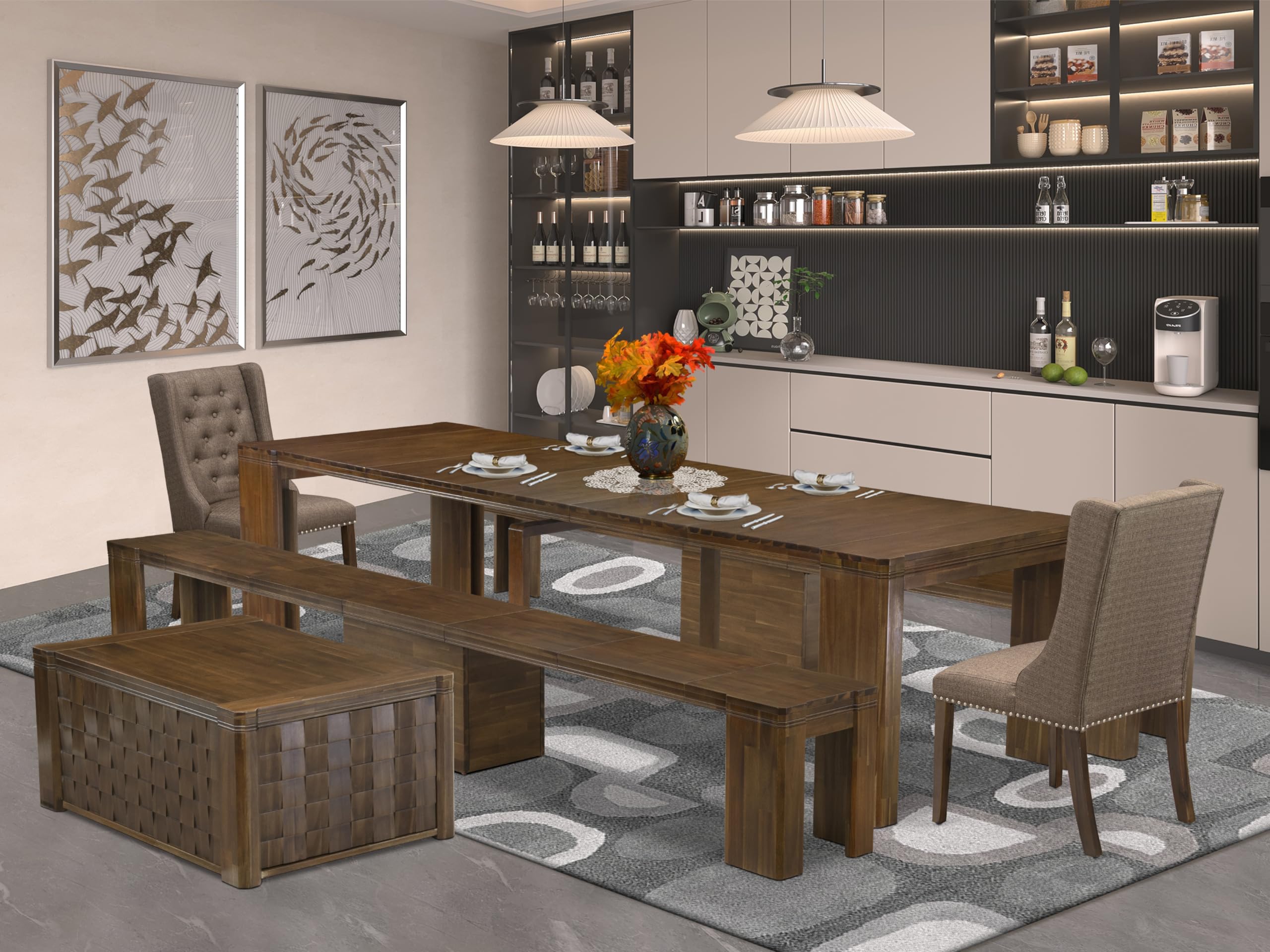 Luxe by East West Furniture - X02FO-2C8-18 - 6 Pieces Dining Table Set includes an Extendable Rectangle Kitchen Table, 1 Coffee Table, 2 Dining Chairs and 2 Benches, 39x120 Inch, Antique Walnut