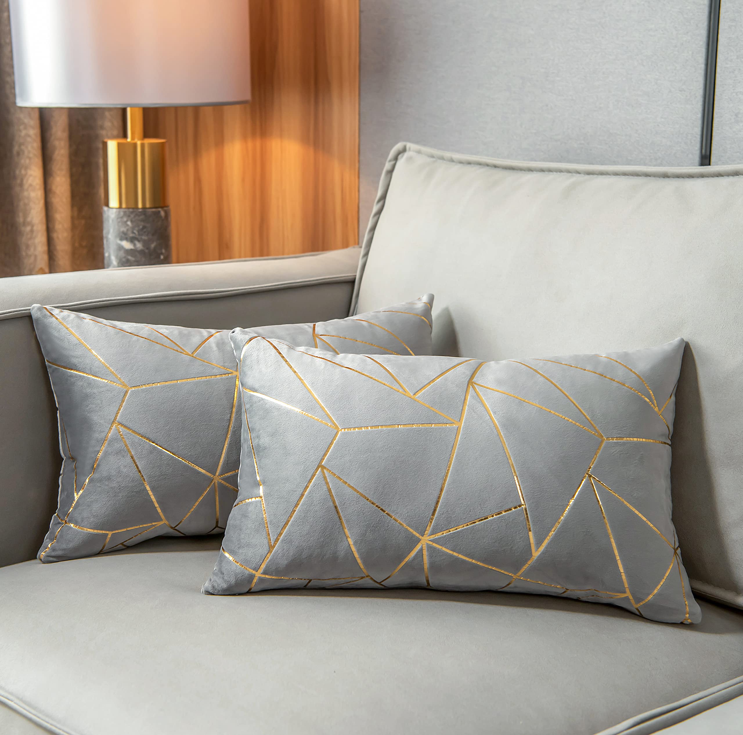 Yongliu Pack Of 2 Soft Velvet Lumbar Throw Pillow Covers Decorative Gold Foil Geometric Pattern Cute Cushion Case For, Couch Living Room Sofa Bedroom Car (Grey And Gold, 12“X20”)