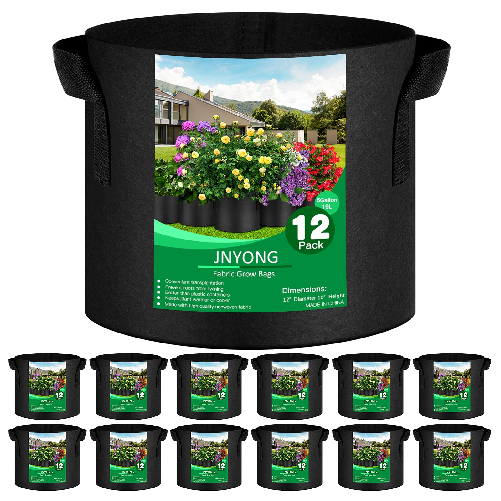 Jnyong 12-Pack 5 Gallon Thickened Non-Woven Grow Bags, Aeration Fabric Pots With Handles