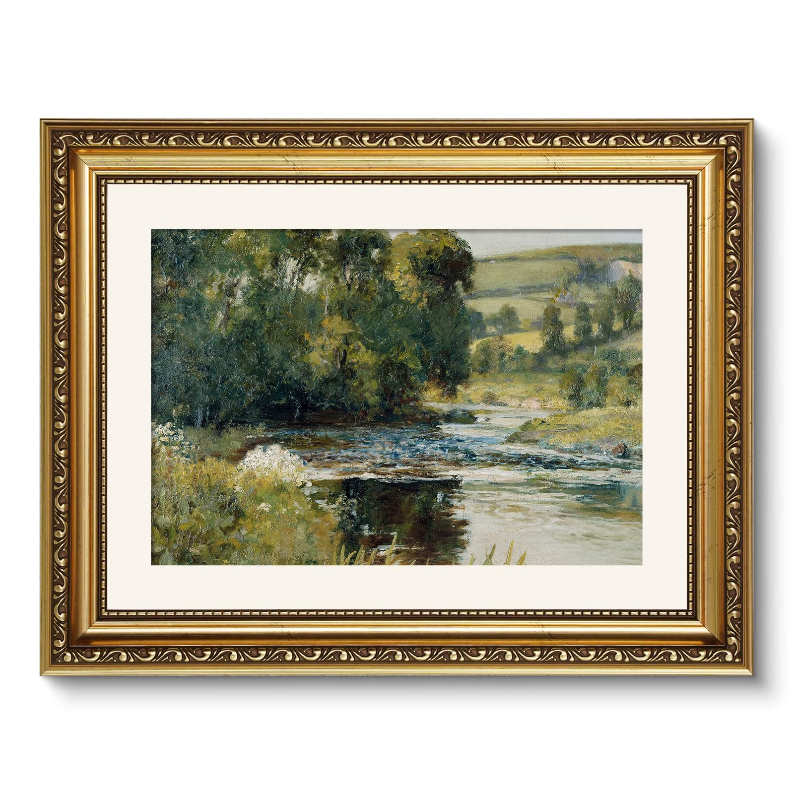ARPEOTCY Vintage Gold Framed Wall Art, 11x14 inch Nature Streamside Retro Paintings, Canvas Prints Artwork with Antique Frame, V