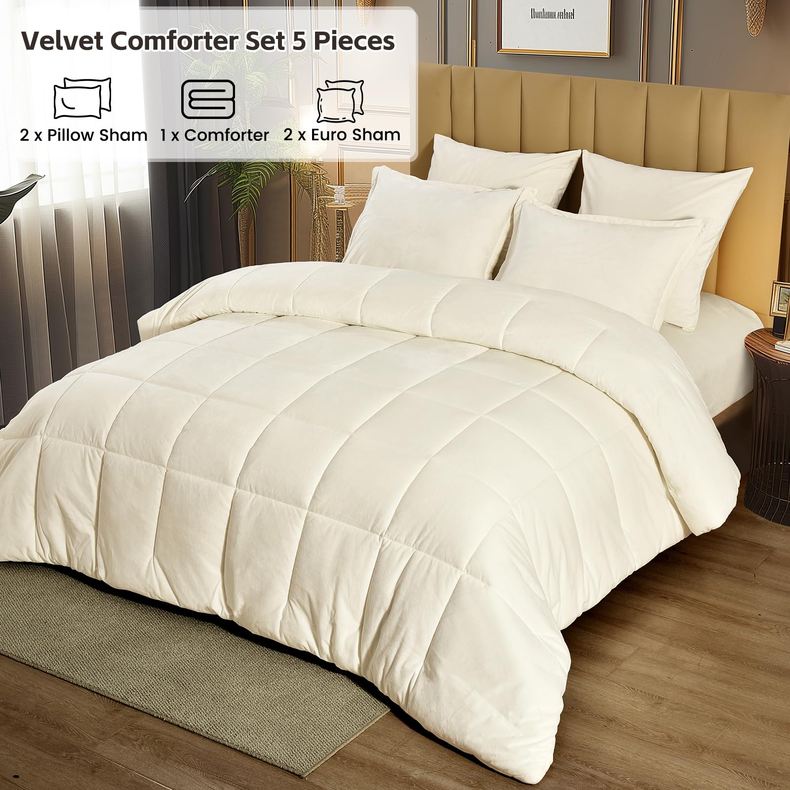 Phf Velvet Comforter Set Queen Size, 5 Piece Soft Luxury Silk Bedding Comforter Sets, Winter Warm Fluffy Bed In A Bag Including 1 Cozy Comforter, 2 Pillow Shams, 2 Euro Shams For Home Decor, Cream