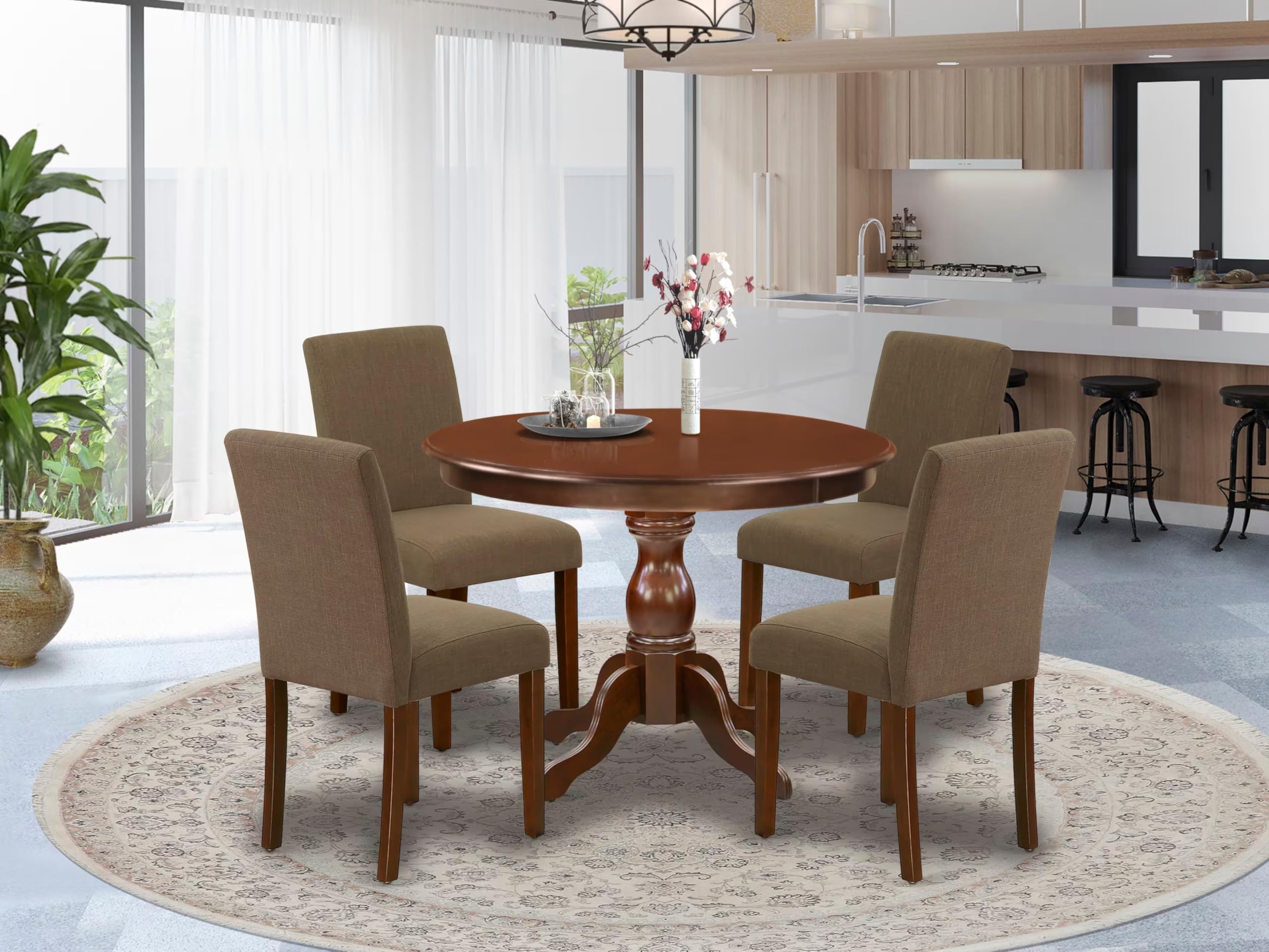 East West Furniture HBAB5-MAH-18 5 Piece Dining Table Set for 4 Includes a Round Kitchen Table with Pedestal and 4 Coffee Linen Fabric Parson Dining Room Chairs, 42x42 Inch, Mahogany