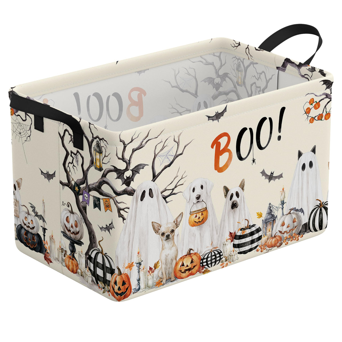 Spooky Dogs Basket Beige Halloween Ghost Storage Box with Handles