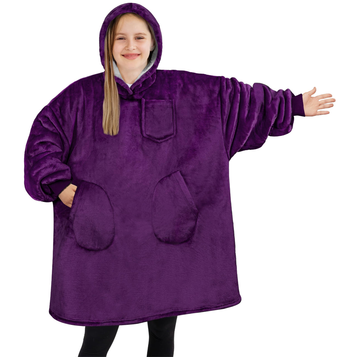 Pavilia Wearable Blanket Sweatshirt For Kids Boy Girl Purple, Warm Cozy Giant Blanket Hoodie, Fleece Sherpa Oversized Blanket Sw