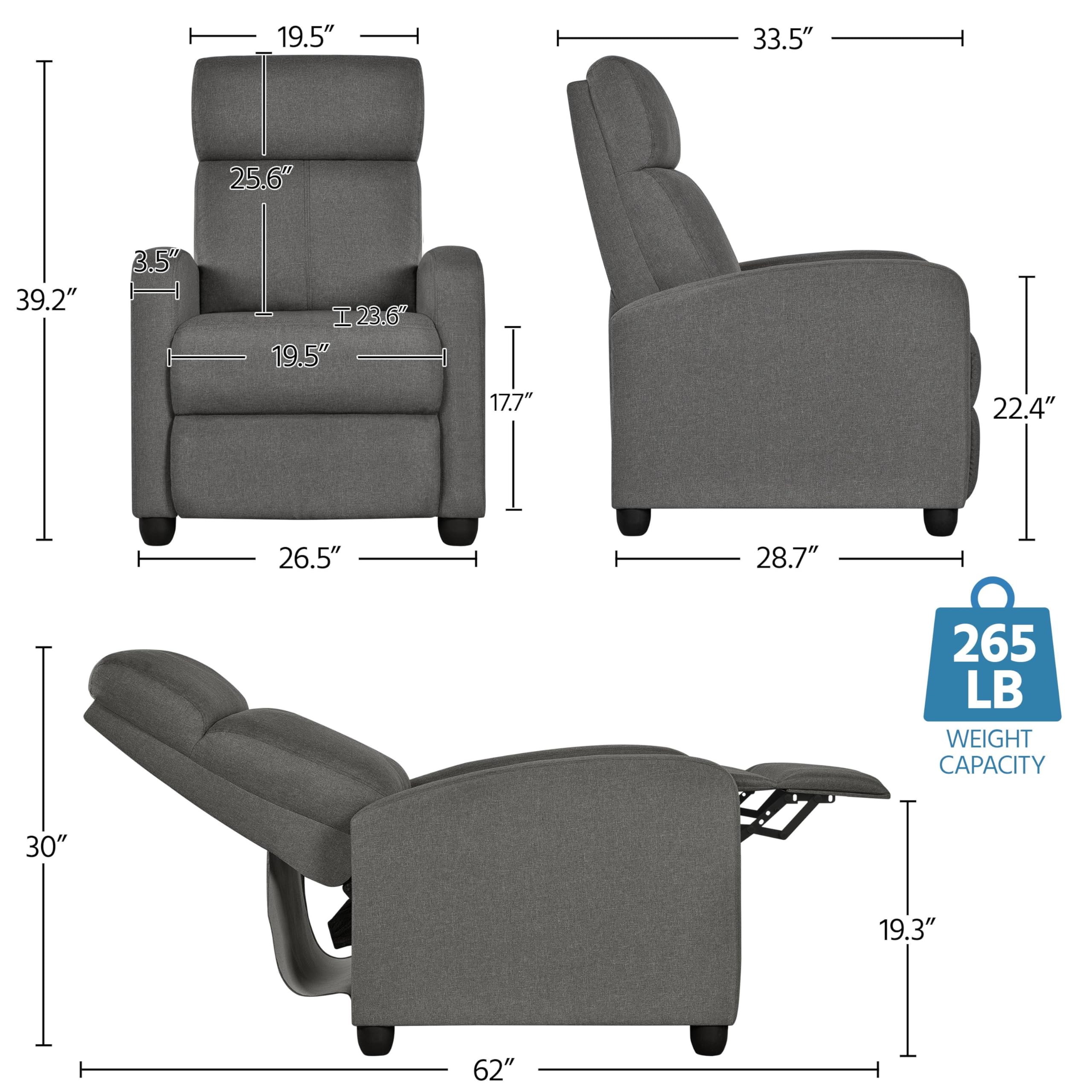 Yaheetech Fabric Recliner Chair Sofa Ergonomic Adjustable Single Sofa With Thicker Seat Cushion Modern Home Theater Seating For Living Room Matte Grey