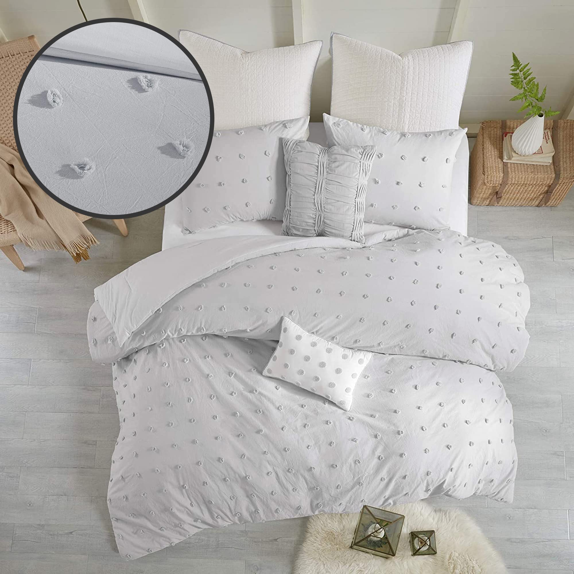 Urban Habitat Cotton Comforter Set - Jacquard Tufts Pompom Design All Season Bedding, Matching Shams, Decorative Pillows, Full/Q