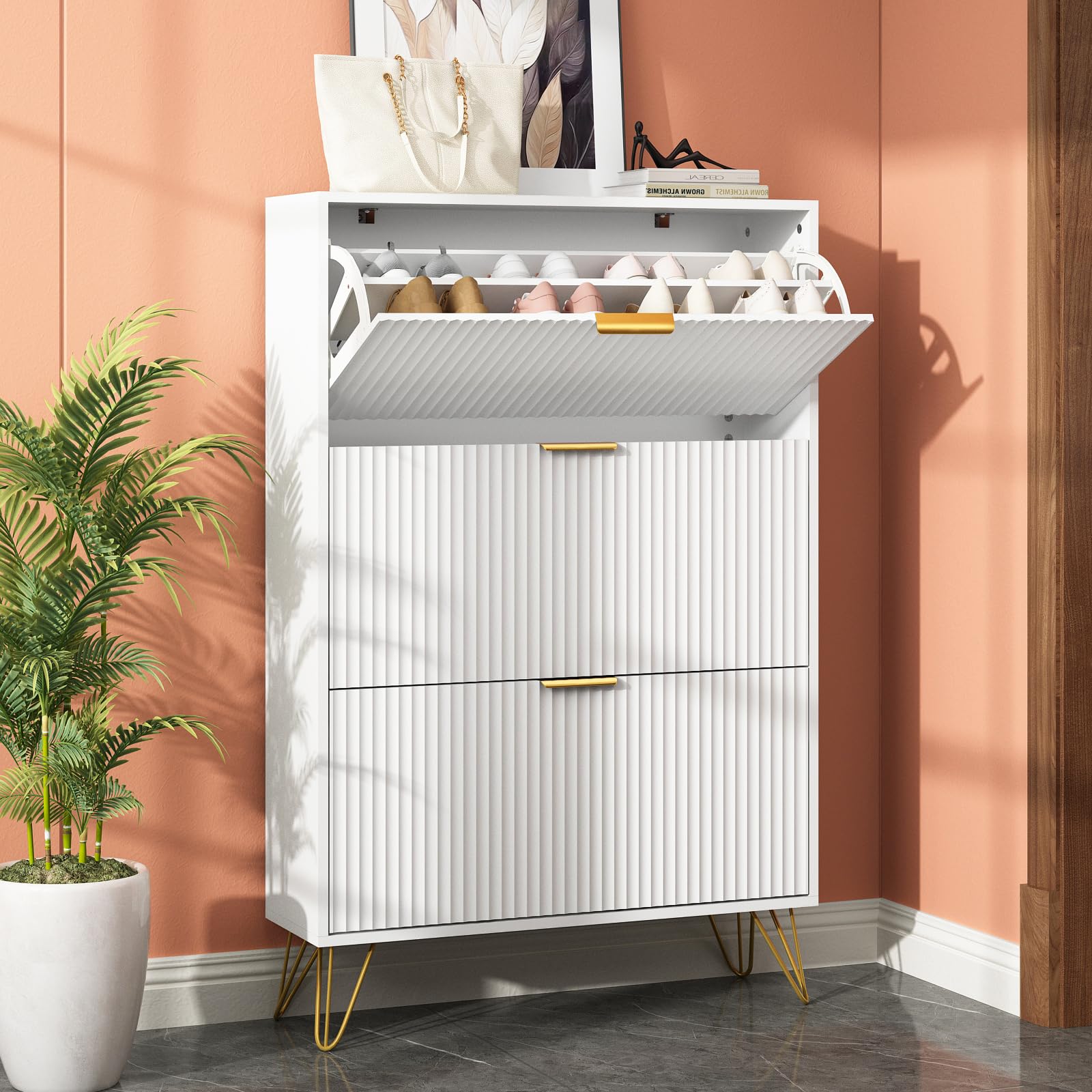 Sscaktu Shoe Storage Cabinet With 3 Flip Drawers, 31.5' W Fluted Shoe Cabinet For Entryway, Hidden Shoe Cabinet Storage, Narrow