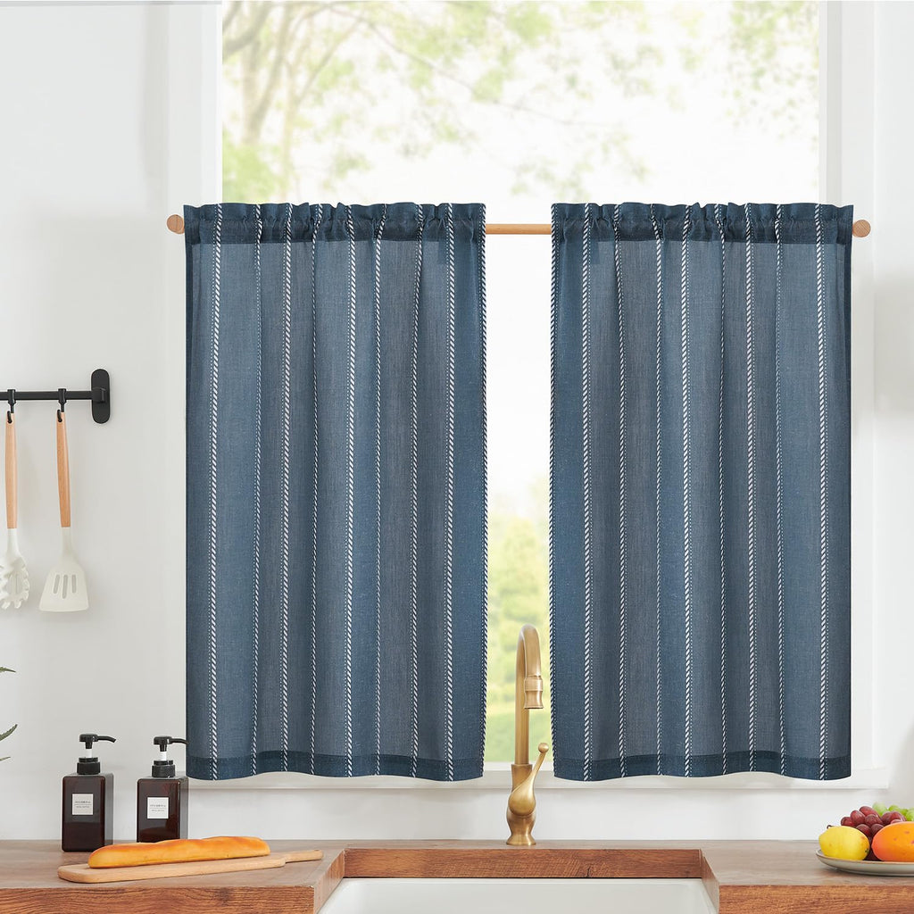 Jinchan Nautical Kitchen Curtains Striped Linen Curtains 24 Inches Farmhouse Tier Curtains Cafe Curtains For Living Room Bathroom Laundry Rv Rustic Half Window Curtains Light Filtering 2 Panels Blue