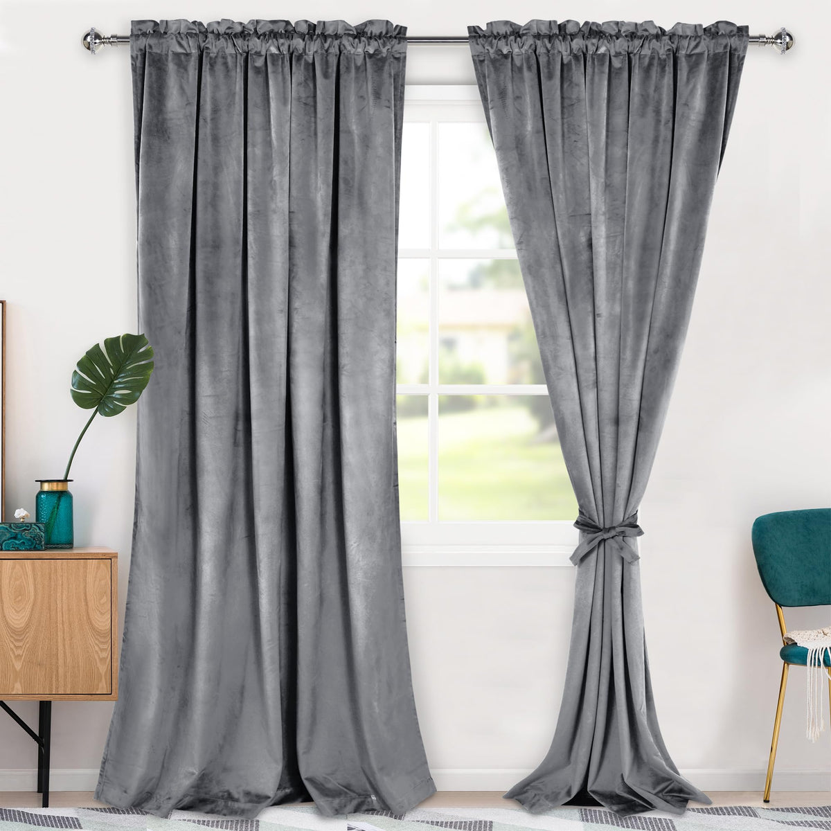 Hiasan Grey Velvet Curtains 96 Inches-Blackout Thermal Insulated Solid Soft Curtains For Bedroom Living Room Rod Pocket Room Dar
