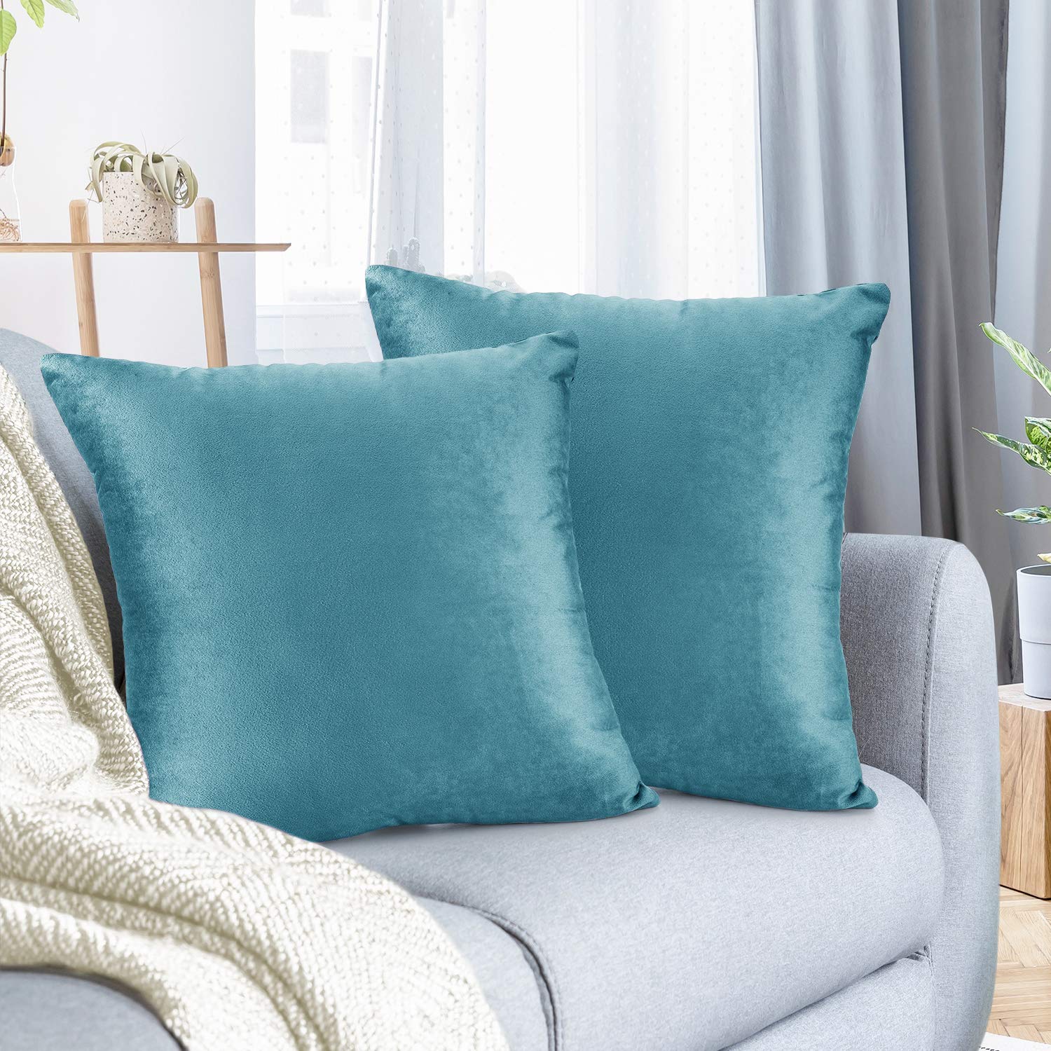 Nestl Throw Pillow Covers, Cozy Velvet Decorative Blue Pillow Covers 18 X 18 Inches, Soft Solid Couch Pillow Covers For Sofa, Be