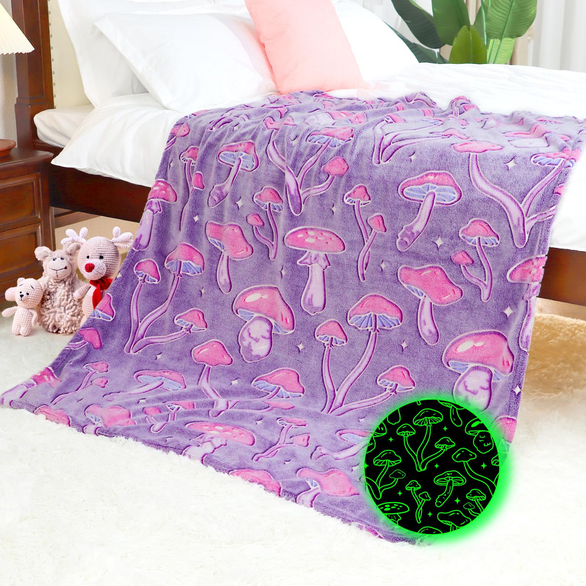 Cute Mushroom Blanket Glow In The Dark Mushroom Plants Throw Blanket Soft Fuzzy Purple Mushroom Cottage Fleece Blanket Gifts Dec