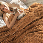 Phf Ultra Soft Flannel Fleece Blanket Queen Size, Lightweight 3D Jacquard Fleece Blanket, No Shedding, No Pilling, Luxury 340Gsm Aesthetic Fluffy Cozy Blanket For Bed Room Decor, 90'X90', Terracotta