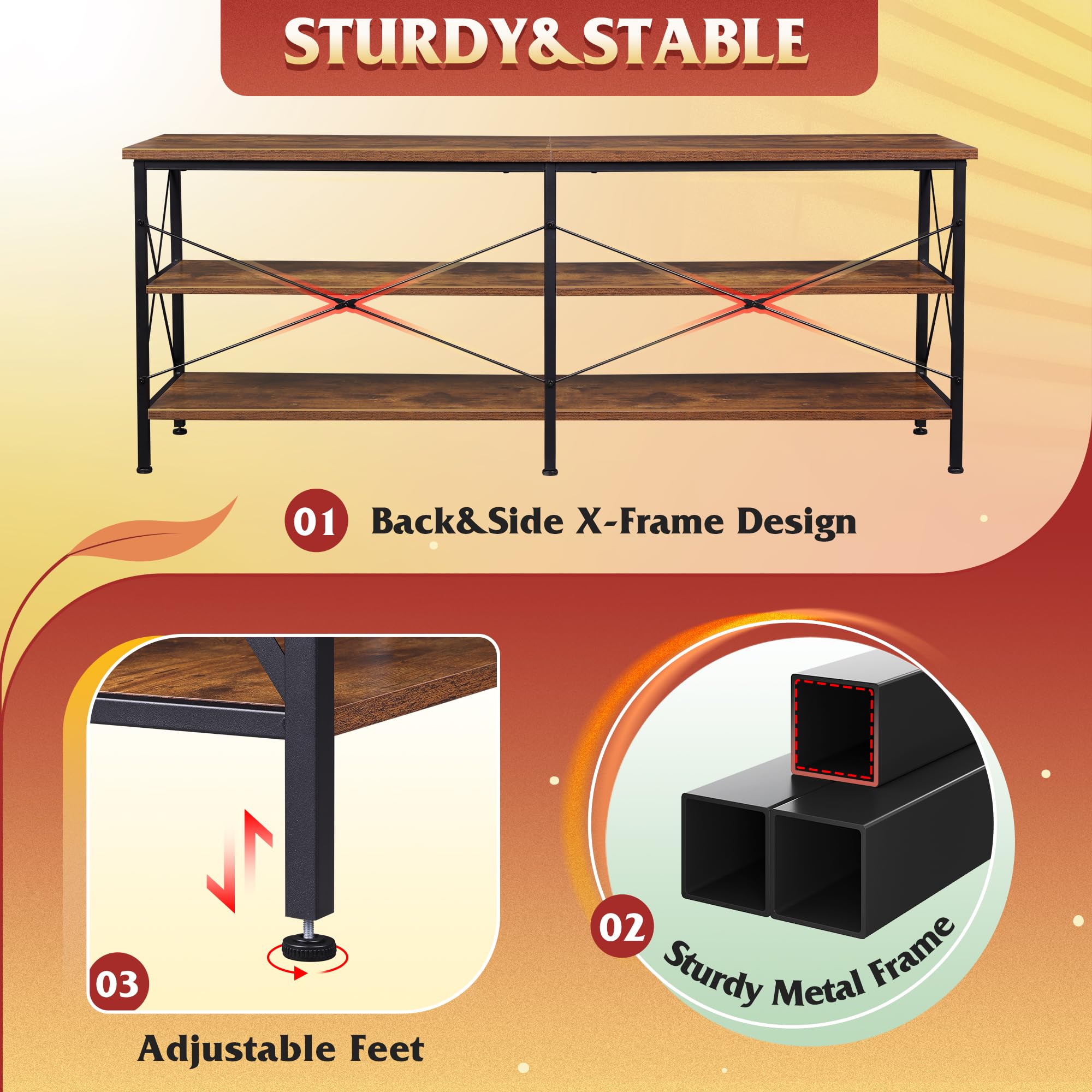 Wlive Tv Stand Up To 70 Inch Tv, 63' Entertainment Center, Tv Media Console With 3-Tier Storage Shelves For Living Room And Bedroom, Rustic Brown