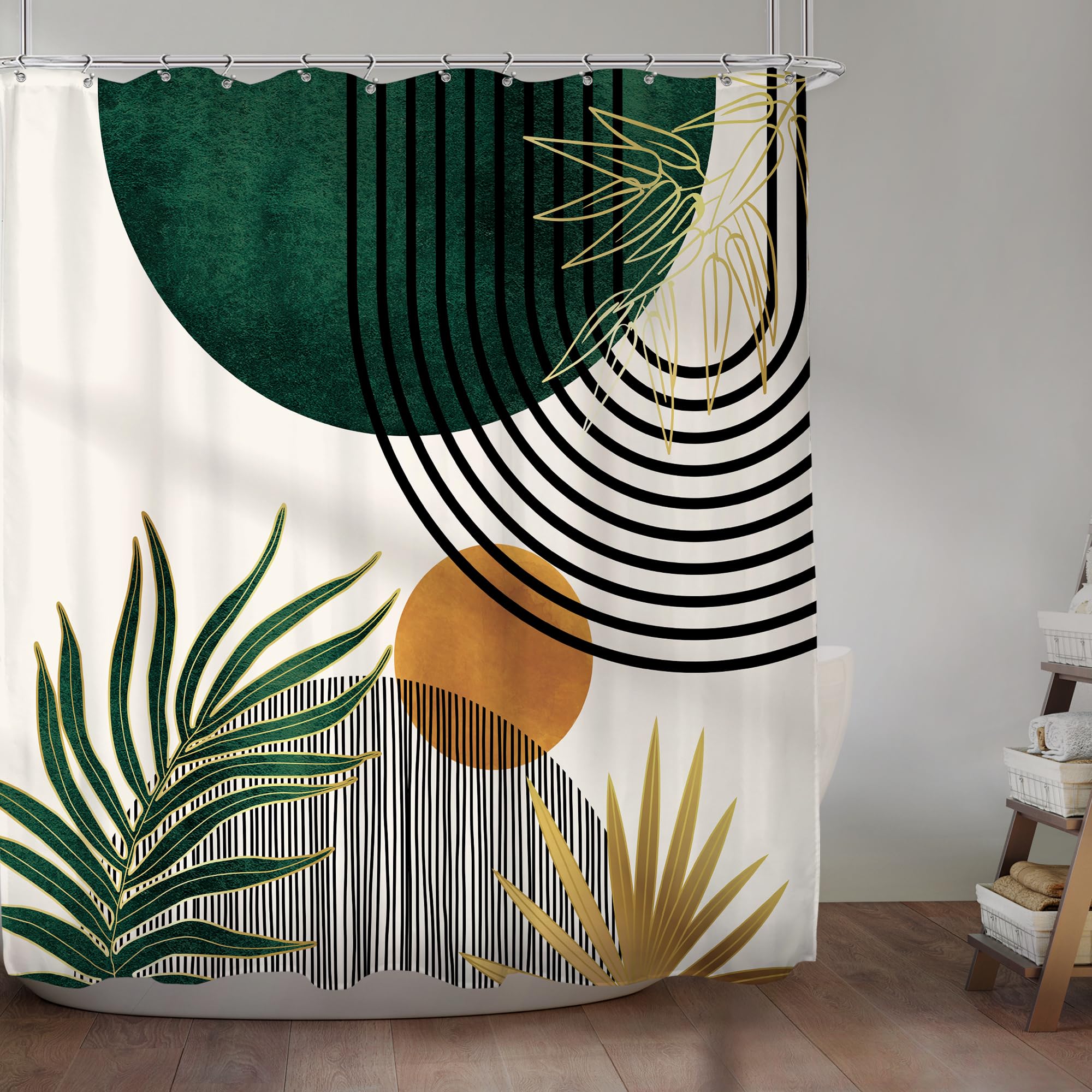 Komllex Mid Century Boho Shower Curtain For Bathroom Decor Abstract Modern Sun Minimalist Aesthetic Arch Curve Leaves Geometric
