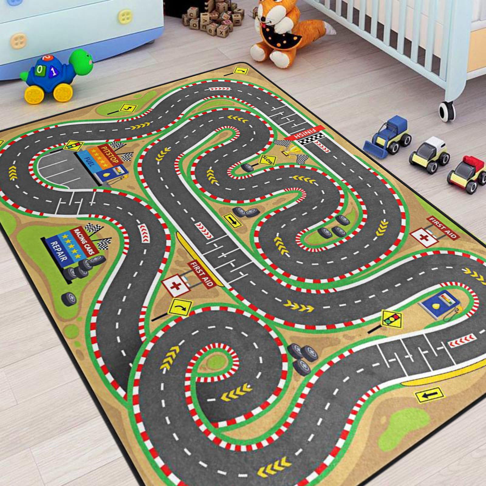 Engree Kids Rug, Race Track Playmat Rugs 5X7 Ft Kids Carpet With Rubber Backing, Start And Finish Line Racing Track Marking Car