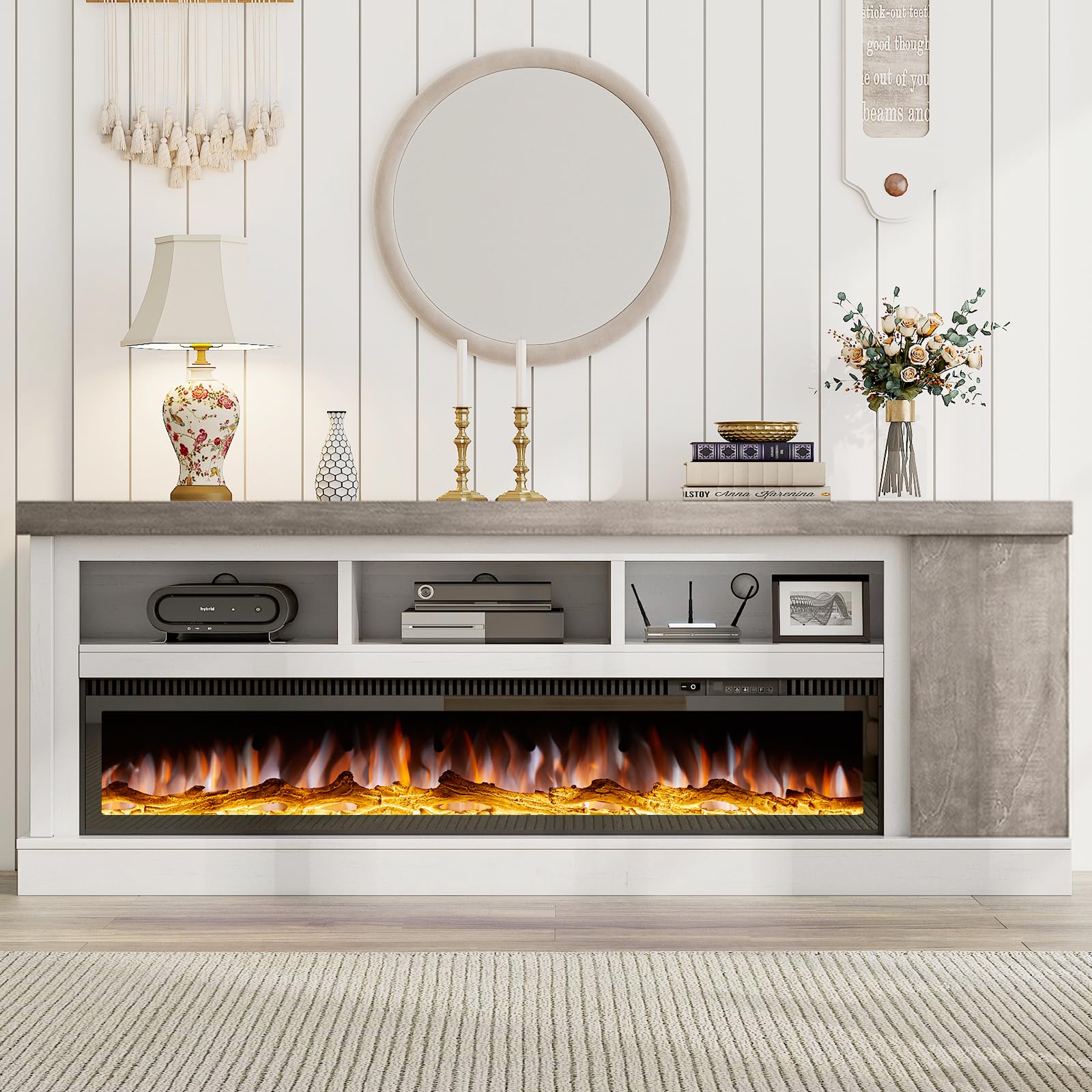 AMERLIFE 75  Fireplace TV Stand with 60  Glass Electric Fireplace, Color Contrast Rustic Media Entertainment Center with Storage