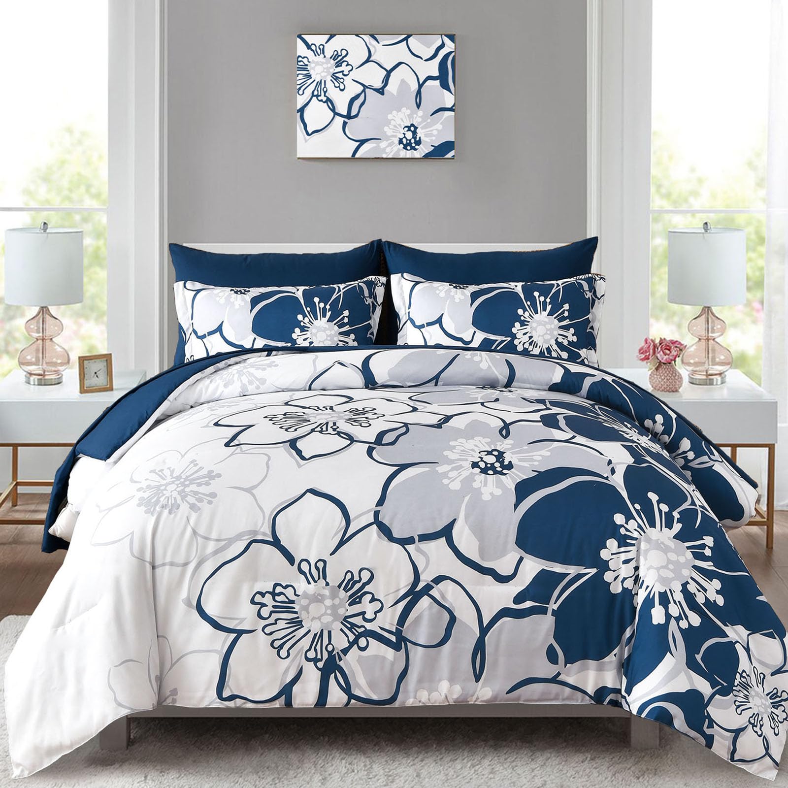 Navy Floral Comforter Set King Size 7 Piece, Blue Flower Bed In A Bag, Elegant Botanical Floral Comforter Soft Microfiber Comple