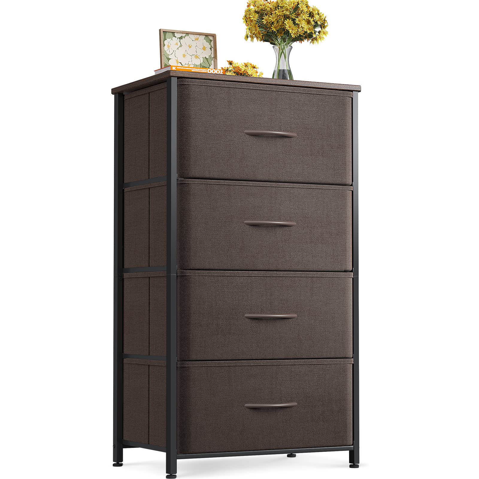 Odk Dresser For Bedroom With 4 Storage Drawers, Small Dresser Chest Of Fabric Drawers With Sturdy Steel Frame, Wood Top, Brown