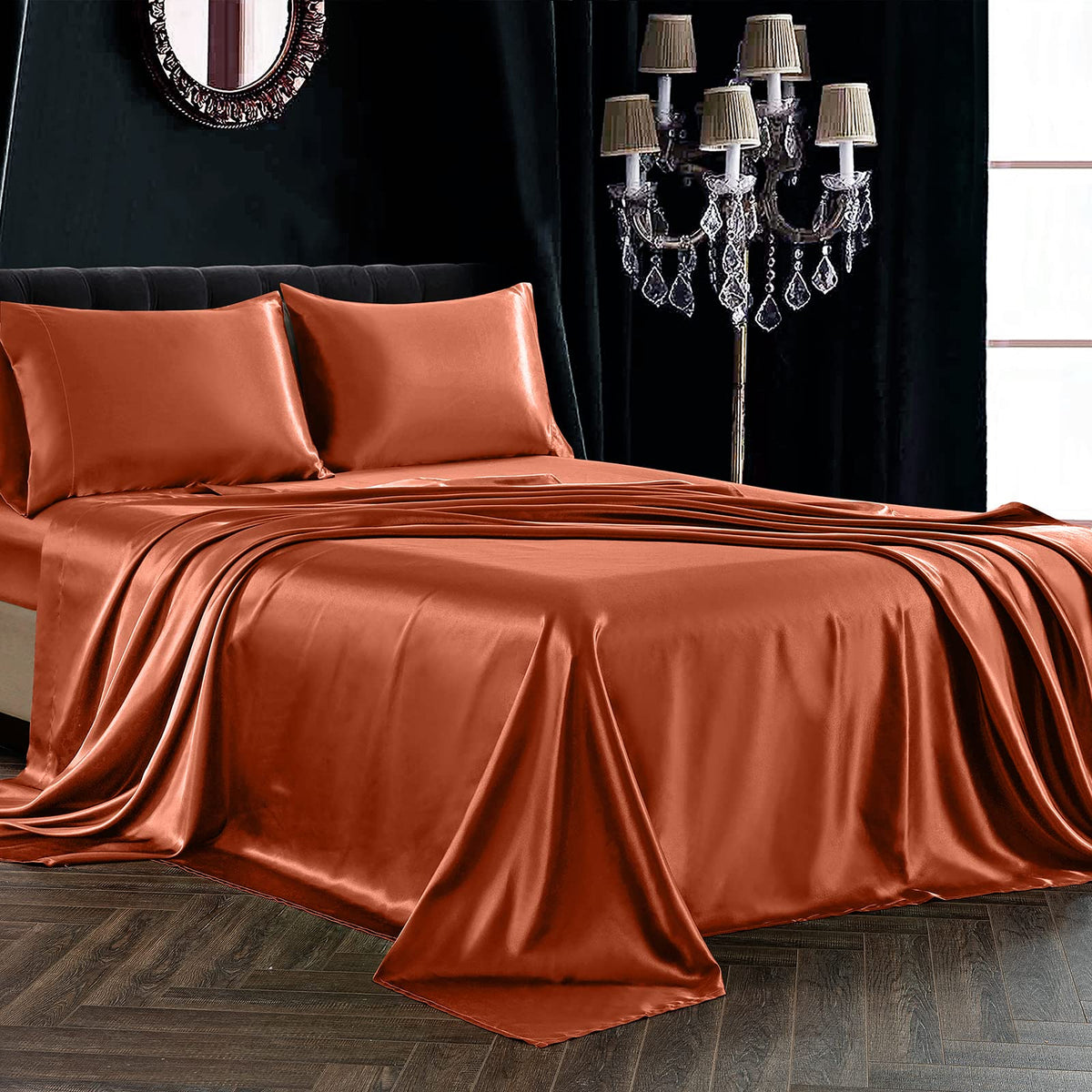 Siinvdabzx 4Pcs Satin Sheet Set King Size Ultra Silky Soft Autumn Orange Satin King Bed Sheets With Deep Pocket, 1 Fitted Sheet,