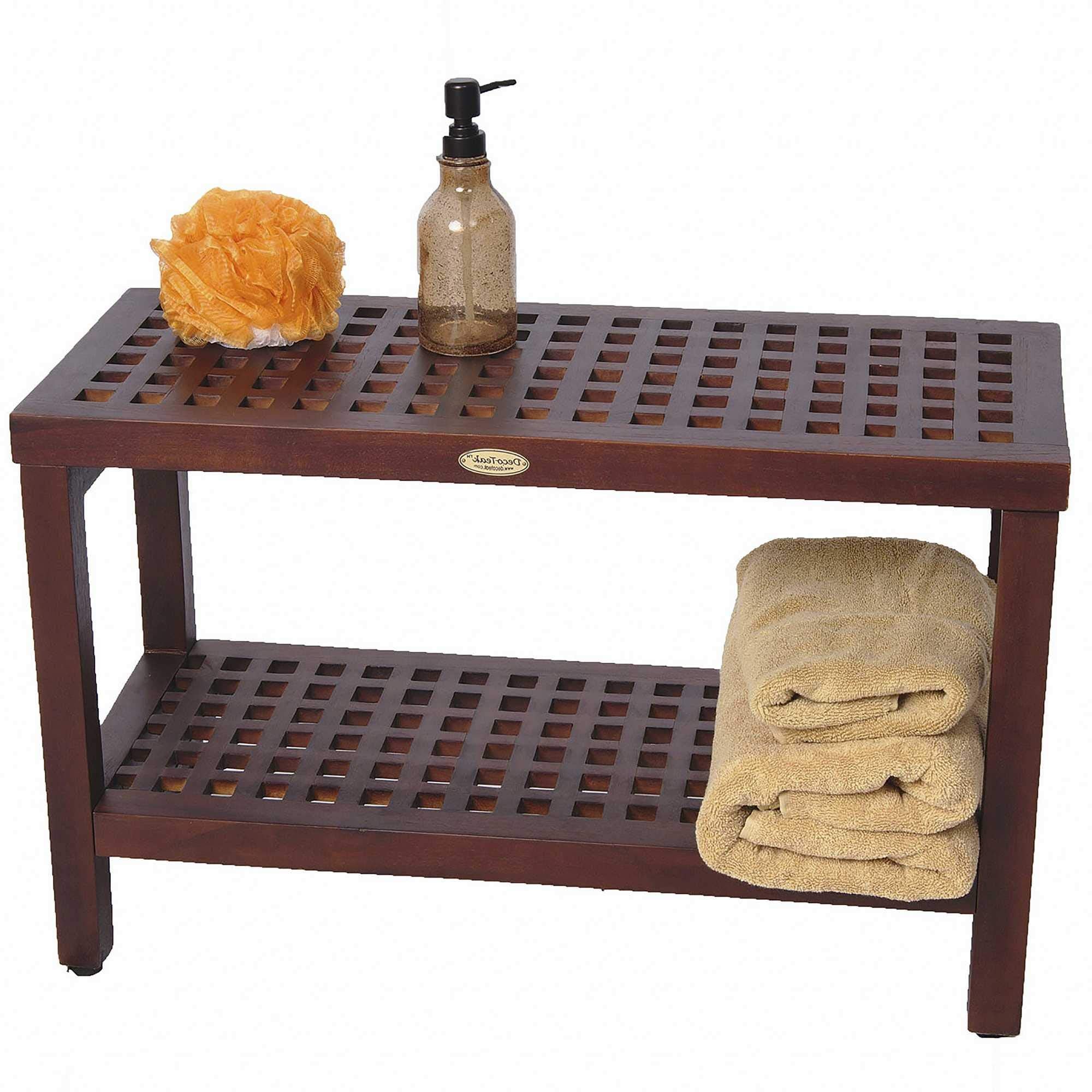 HomeRoots Lattice Teak Shower Bench with Shelf in Brown Finish