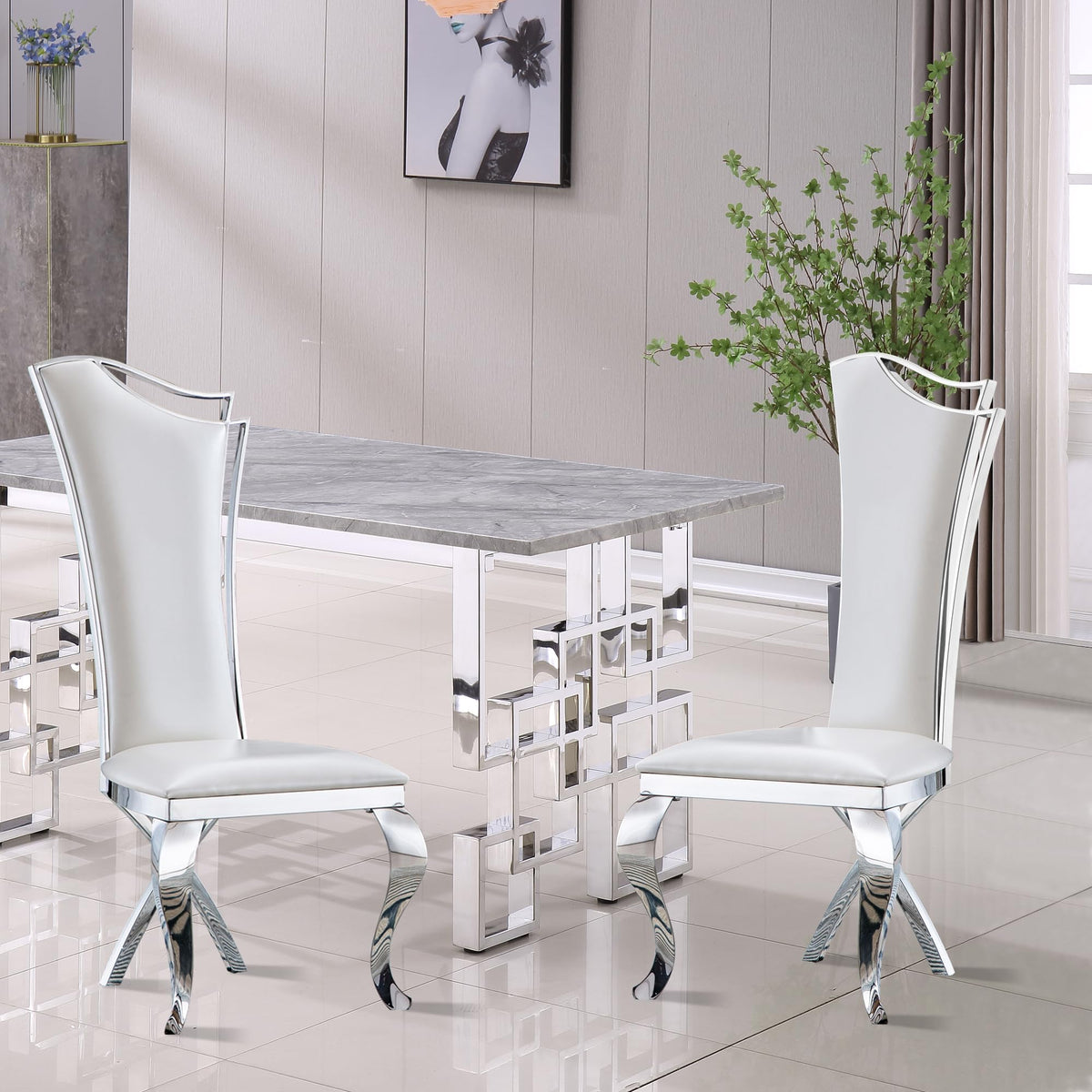Pvillez White Leather Dining Chairs Set Of 2,Upholstered Dining Chairs With Stainless Steel Leg & High Backrest,Leather Dining Room Chairs,Mid Century Modern Dining Chairs For Dining Room Kitchen