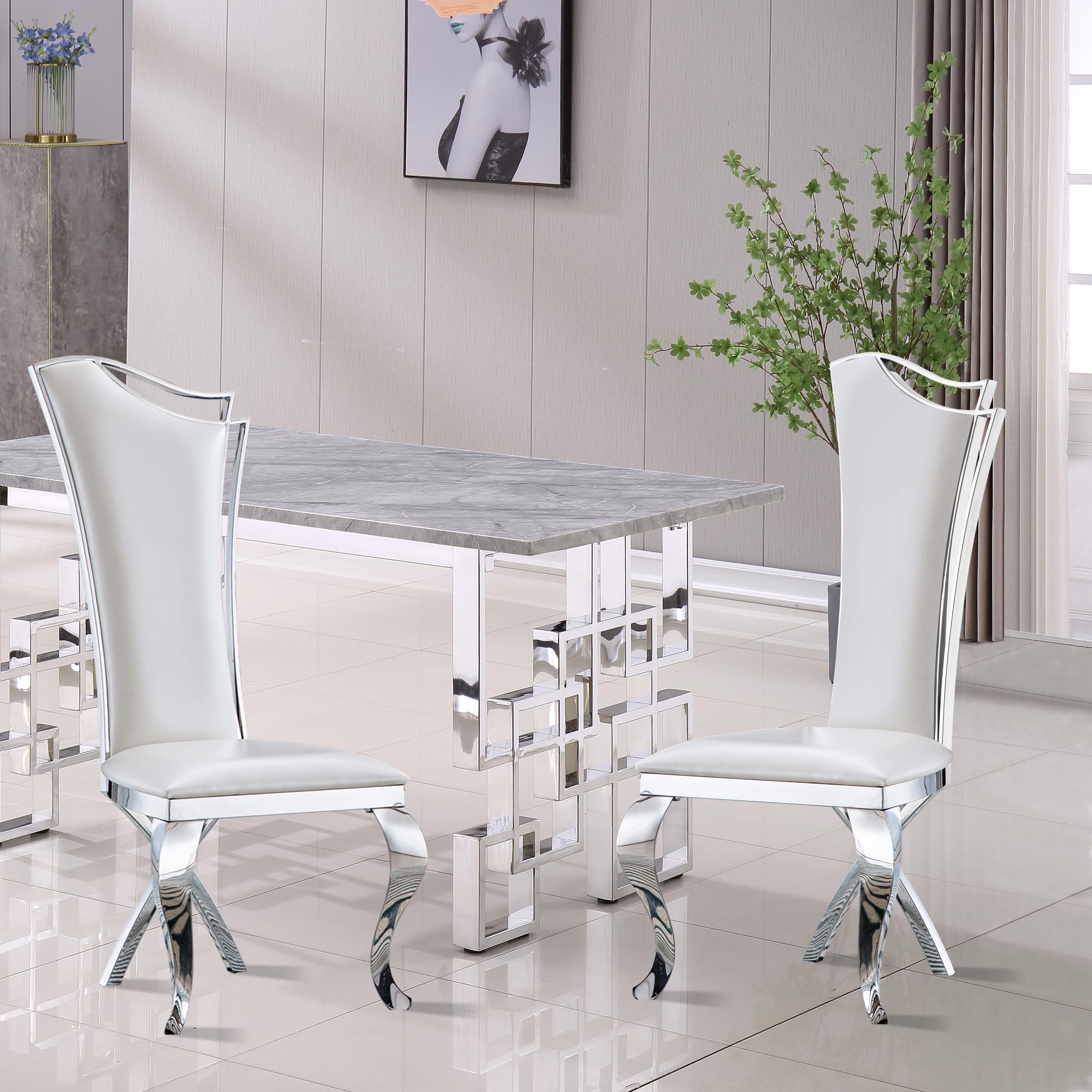 Pvillez White Leather Dining Chairs Set Of 2,Upholstered Dining Chairs With Stainless Steel Leg & High Backrest,Leather Dining Room Chairs,Mid Century Modern Dining Chairs For Dining Room Kitchen