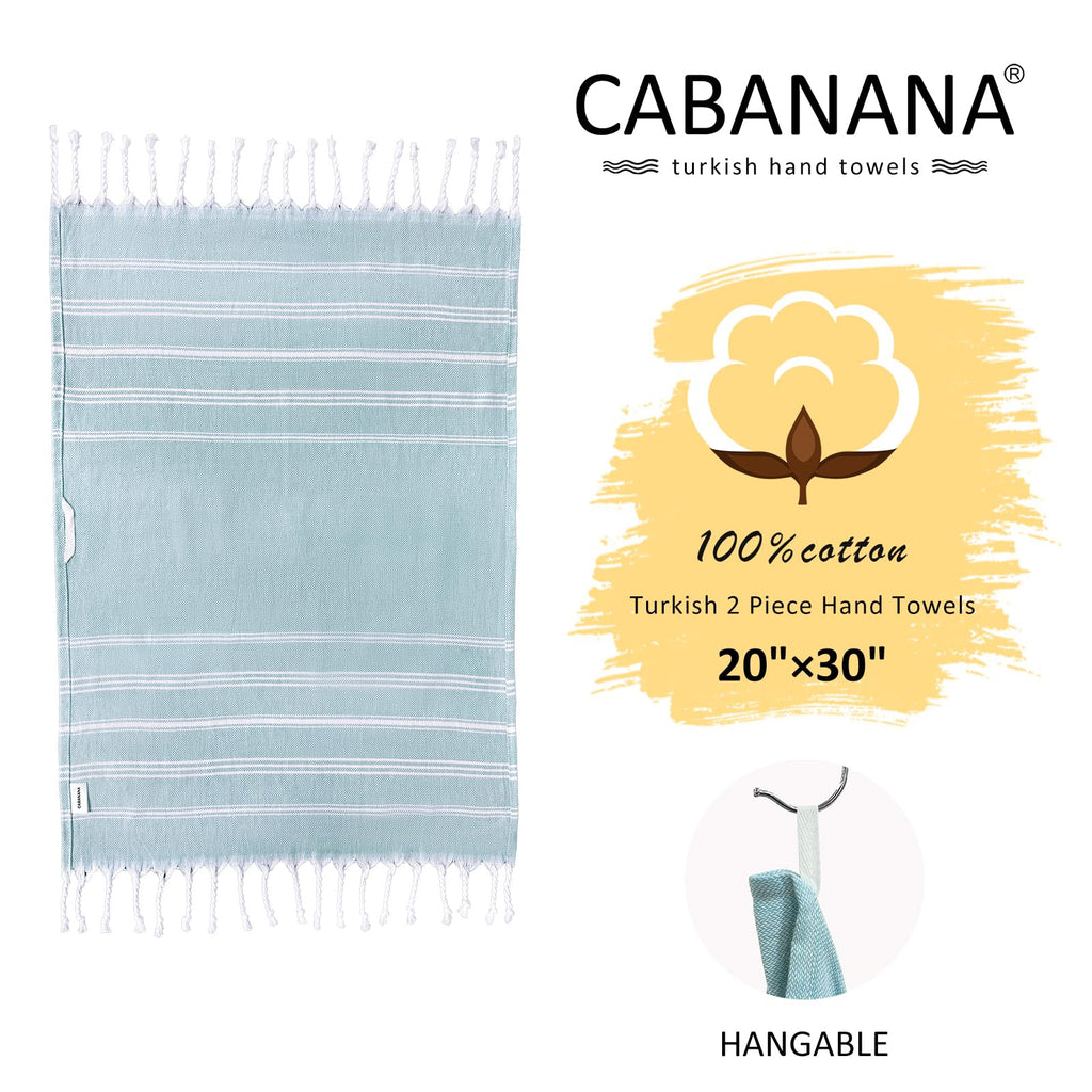 Cabanana Cotton Turkish Hand Towel - Set Of 2 | Boho Kitchen Tea Towels, 30 X 20 Inches Thin Decorative Bathroom Towel (Aqua)