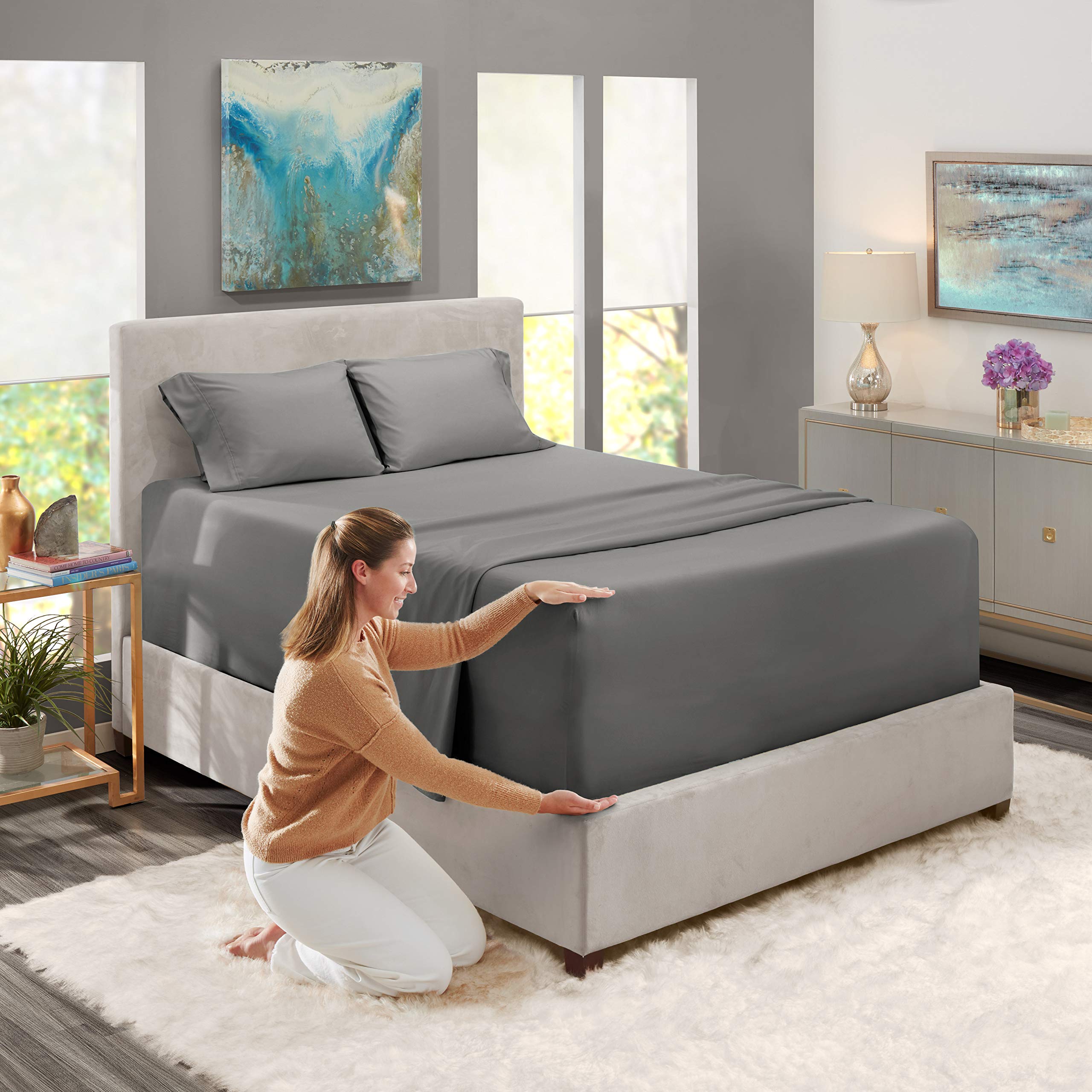 Nestl Extra Deep Pocket Sheets - Fits Mattress 18-24 Inches Deep, Extra Deep Pocket Twin Xl Sheets Sets, 4 Piece Twin Xl Size Sheets, Twin Xl Sheets Deep Pocket, Charcoal Stone Grey Sheets