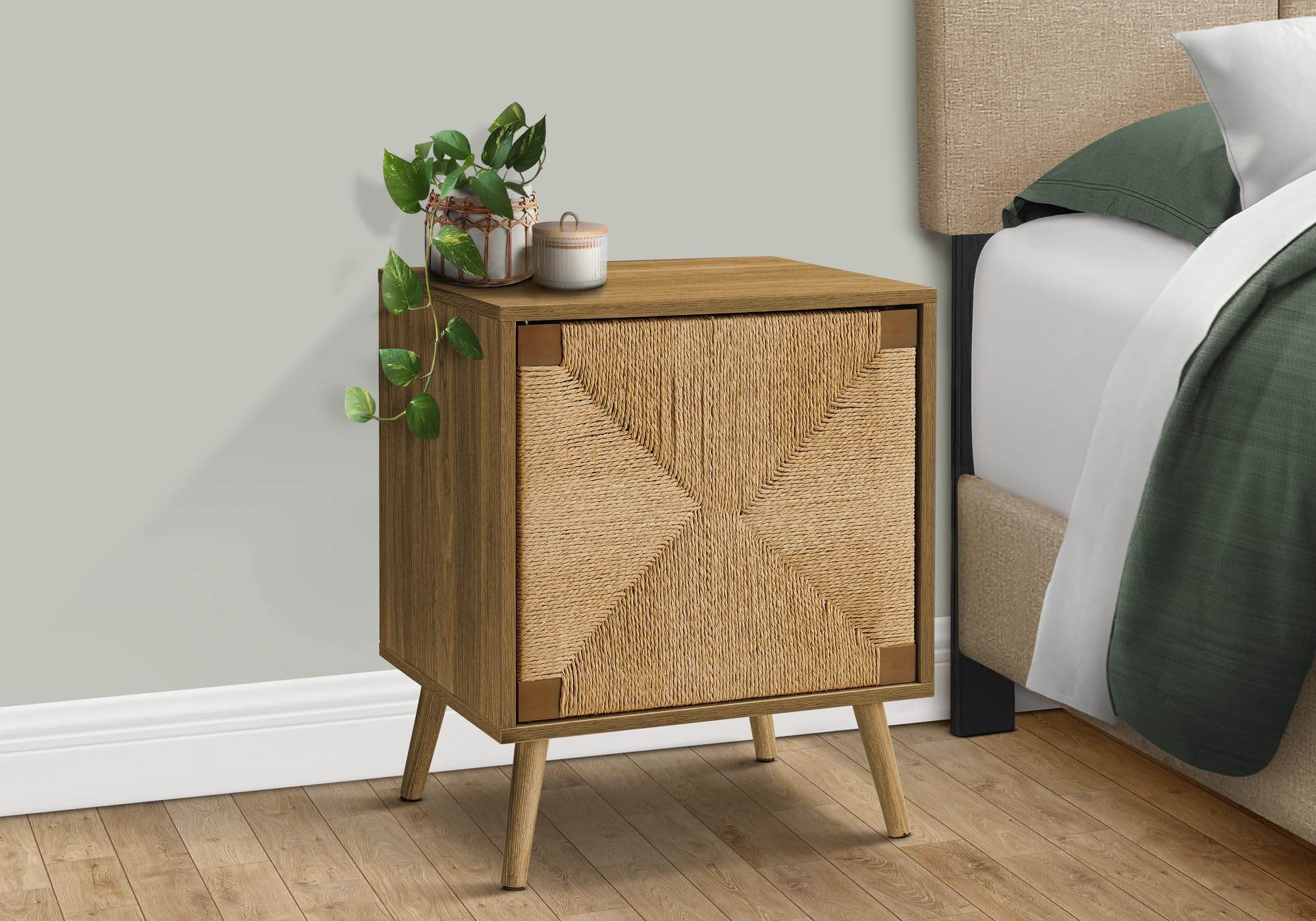 Monarch Specialties I 2794 Accent Table, End, Light Walnut Laminate, Seagrass, Modern