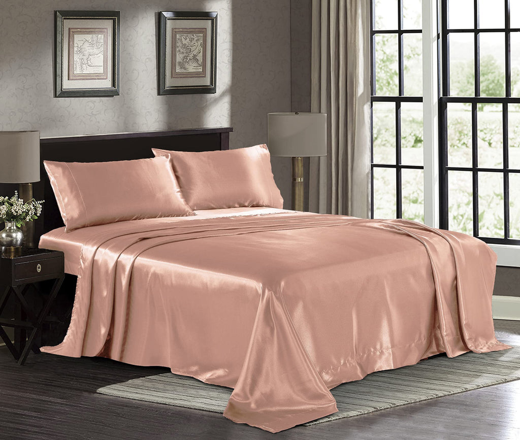 Satin Sheets Queen [4-Piece, Rose Gold] Hotel Luxury Silky Bed Sheets - Extra Soft 1800 Microfiber Sheet Set, Wrinkle, Fade, Sta