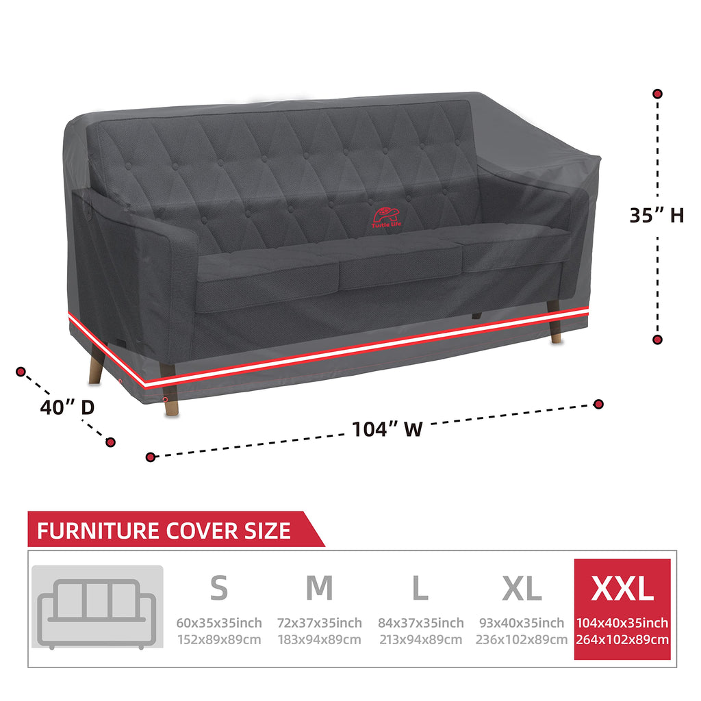 Turtle Life Patio Sofa Cover, Outdoor Heavy Duty Durable Uv Water Resistant Anti-Fading Multi-Person Sofa Cover With 2 Upgrade Air Vents And 2 Buckles, Black, 104' W X 40' D X 35' H