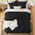 Litanika Black Queen Size Comforter Sets, 3 Pieces Lightweight Chevron Tufted Bedding Comforter Set, Fluffy Down Alternative Com