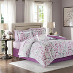 Madison Park Essentials Cozy Bed In A Bag Comforter With Complete Cotton Sheet Set - Trendy Floral Design All Season Cover, Decorative Pillow, Twin(68'X86'), Leaf Purple 9 Piece