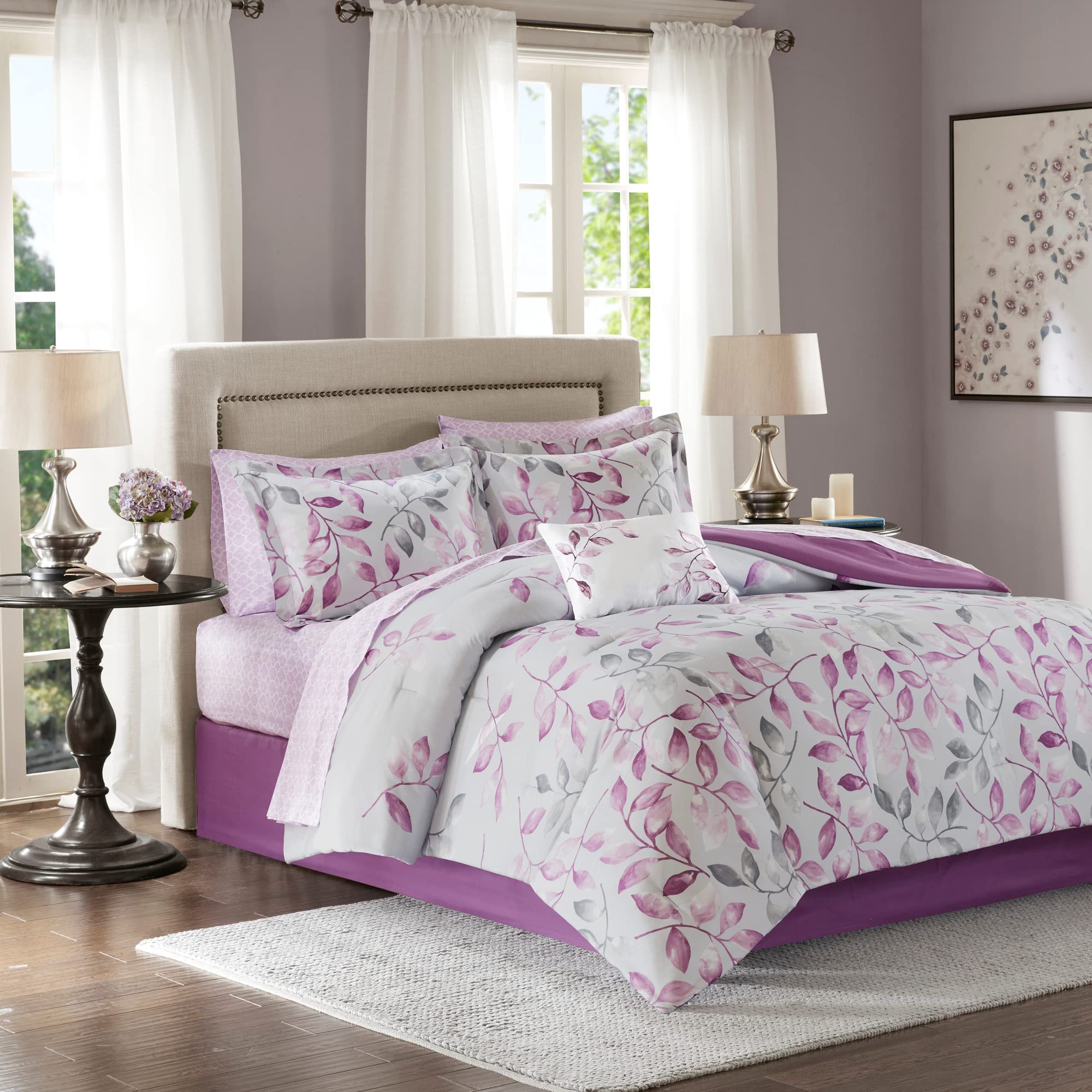 Madison Park Essentials Cozy Bed In A Bag Comforter With Complete Cotton Sheet Set - Trendy Floral Design All Season Cover, Decorative Pillow, Twin(68'X86'), Leaf Purple 9 Piece
