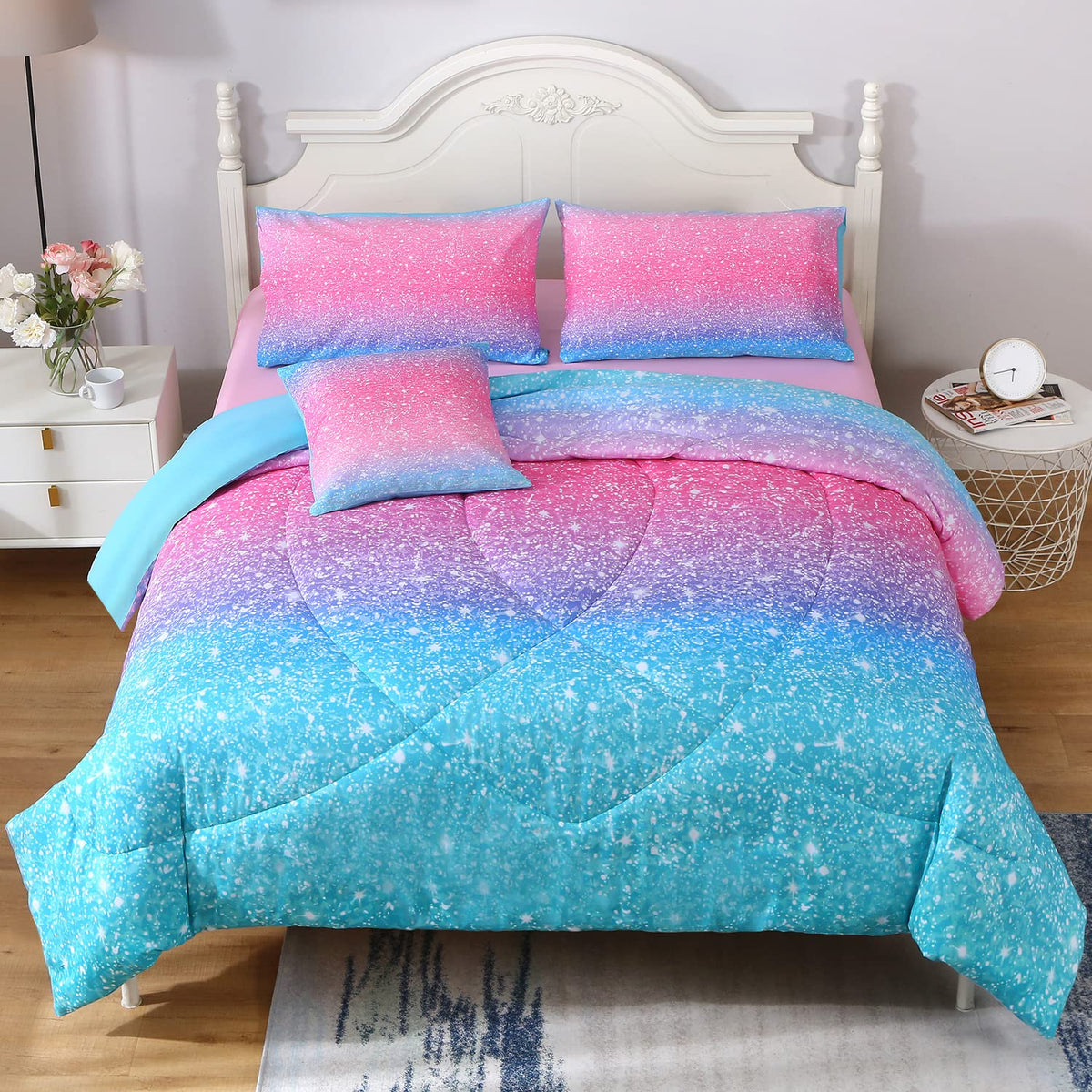 Jqinhome Glitter Comforter Set Queen Size, 6 Piece Bed In A Bag 3D Colorful Duvet Pink Blue Bedding Set For Girls Women (1 Comfo