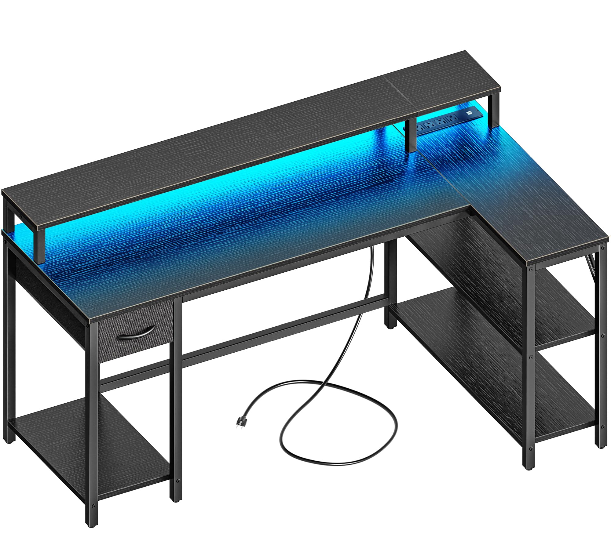 SUPERJARE 53 inch Reversible L Shaped Desk with LED Lights & Power Outlets, Computer Desk with Shelves & Monitor Stand, Gaming D