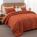 Litanika Comforter California King Size Set Burnt Orange, 3 Pieces Terracotta Rust Cal King Oversized Chevron Tufted Solid Beddi