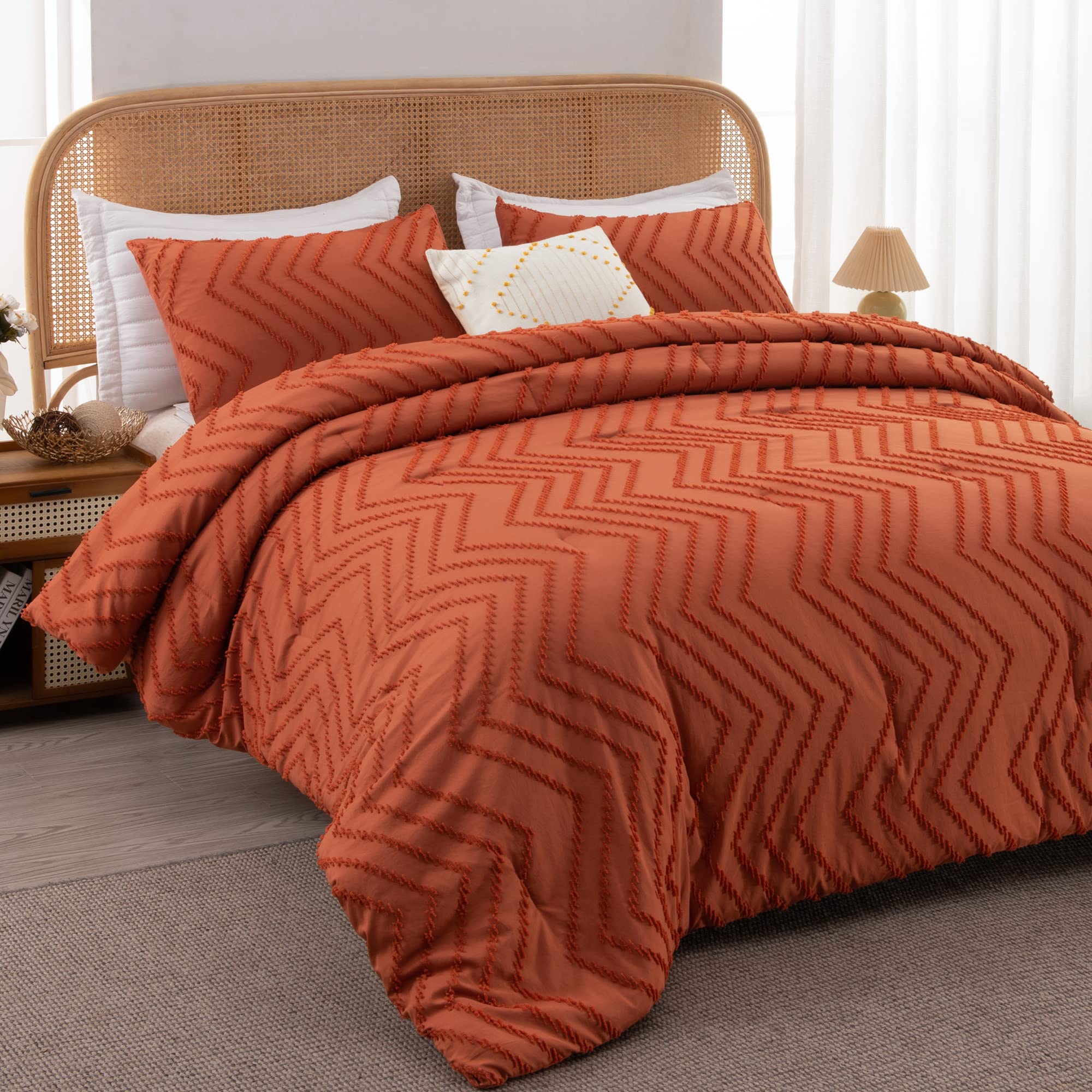 Litanika Comforter California King Size Set Burnt Orange, 3 Pieces Terracotta Rust Cal King Oversized Chevron Tufted Solid Beddi