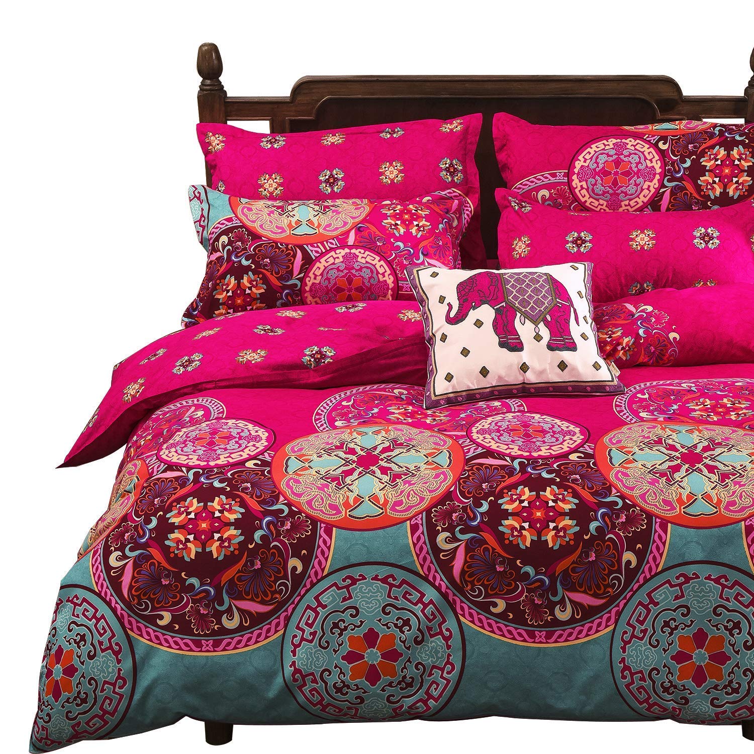 Vaulia Boho Bedding Set Exotic Patterns Design, Lightweight Microfiber Queen (Double) Duvet Cover Set, Bright Pink 3-Piece Set