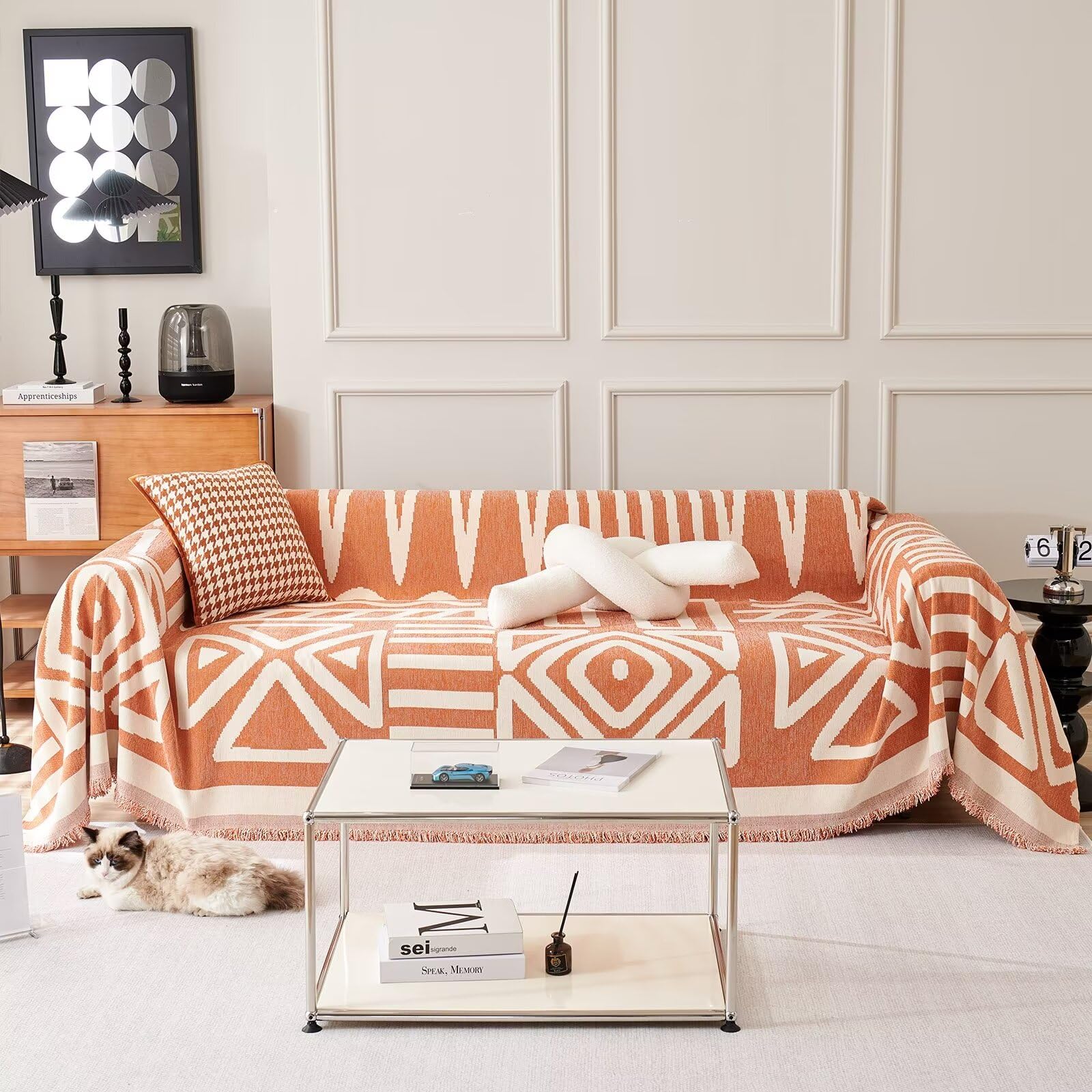 Vclife Boho Chenille Couch Cover Chic White Cream Caramel Triangle Plaid Sofa Slipcover For Sectional Sofa, Reversible Non Slip