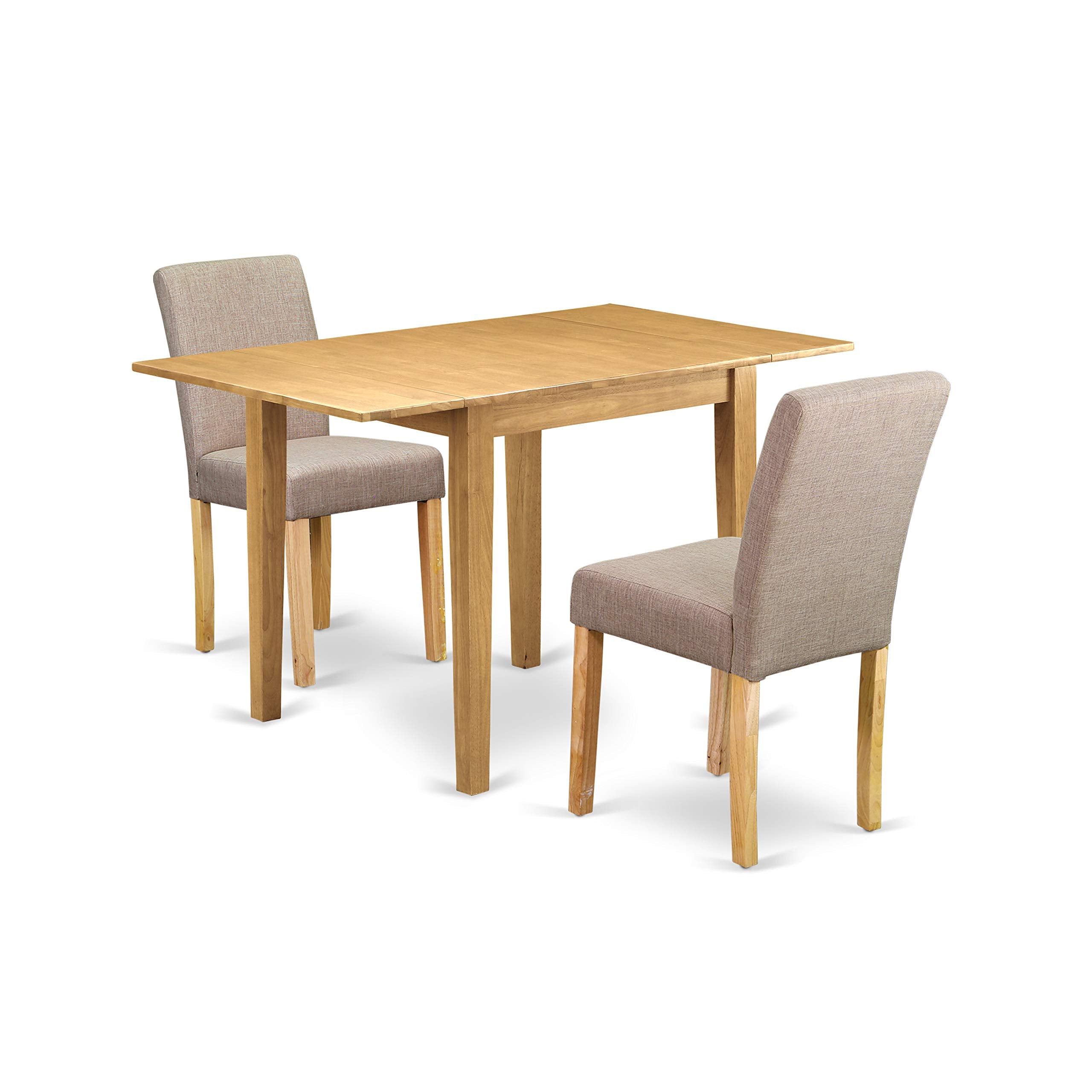 East West Furniture 3 Piece Kitchen Table Set Contains a Rectangle Dining Table with Dropleaf and 2 Light Tan Linen Fabric Parson Dining Room Chairs